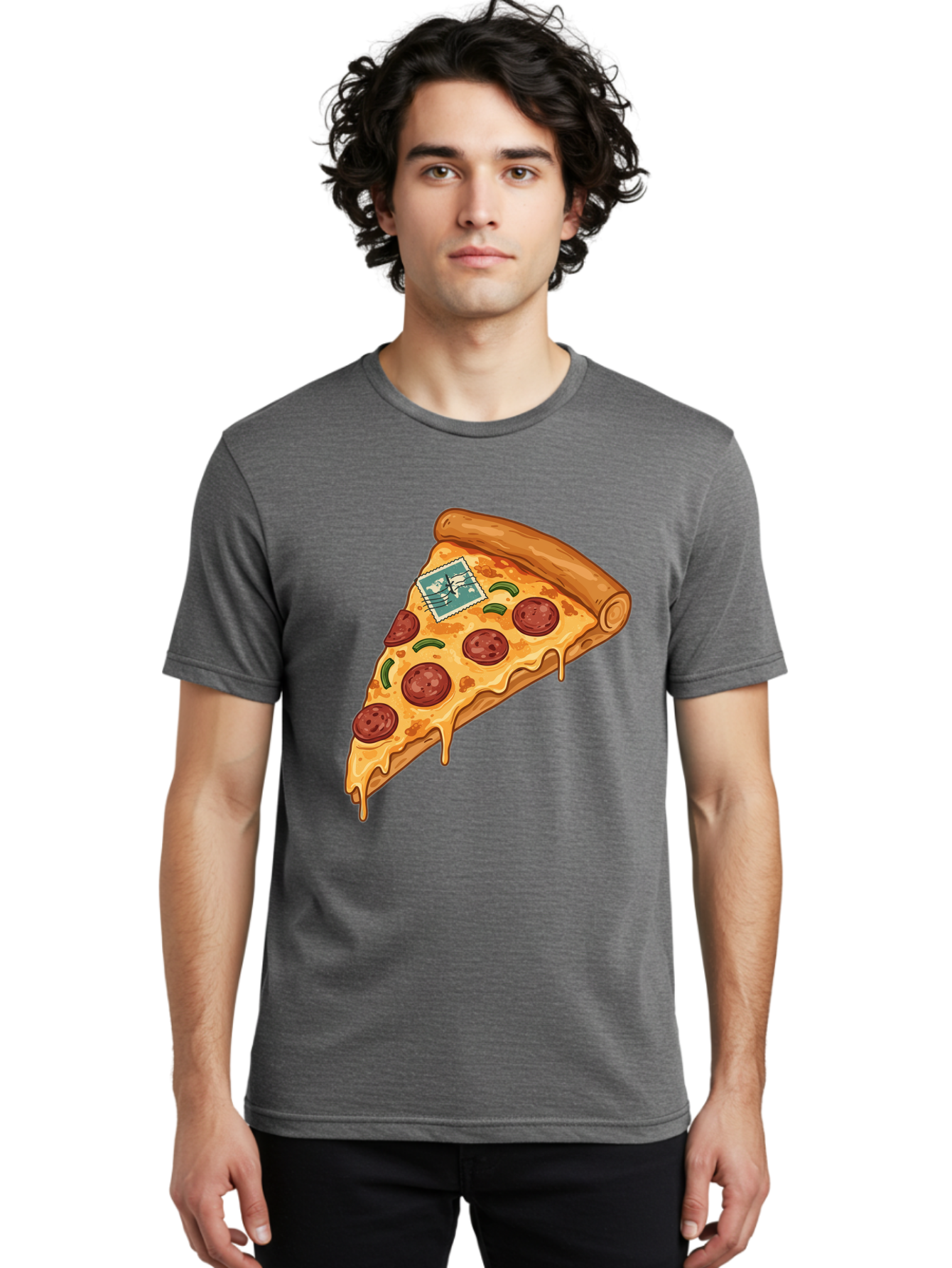 Pizza-Slice-With-Stamp Men'S Graphic Tee, 100% Cotton, Comfortable Casual Summer Wear, Machine Washable, Pizza Slice, Pepperoni Pizza, Cheese Pizza, Melted Cheese, Postage Stamp, Cartoon Food, Illustration, Tasty Food, Savory Dish, Bac311