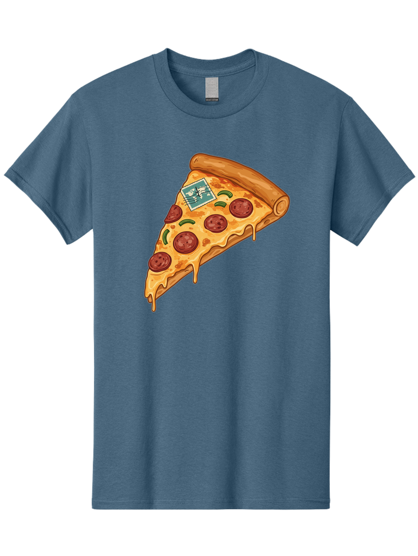 Pizza-Slice-With-Stamp Men'S Graphic Tee, 100% Cotton, Comfortable Casual Summer Wear, Machine Washable, Pizza Slice, Pepperoni Pizza, Cheese Pizza, Melted Cheese, Postage Stamp, Cartoon Food, Illustration, Tasty Food, Savory Dish, Bac311