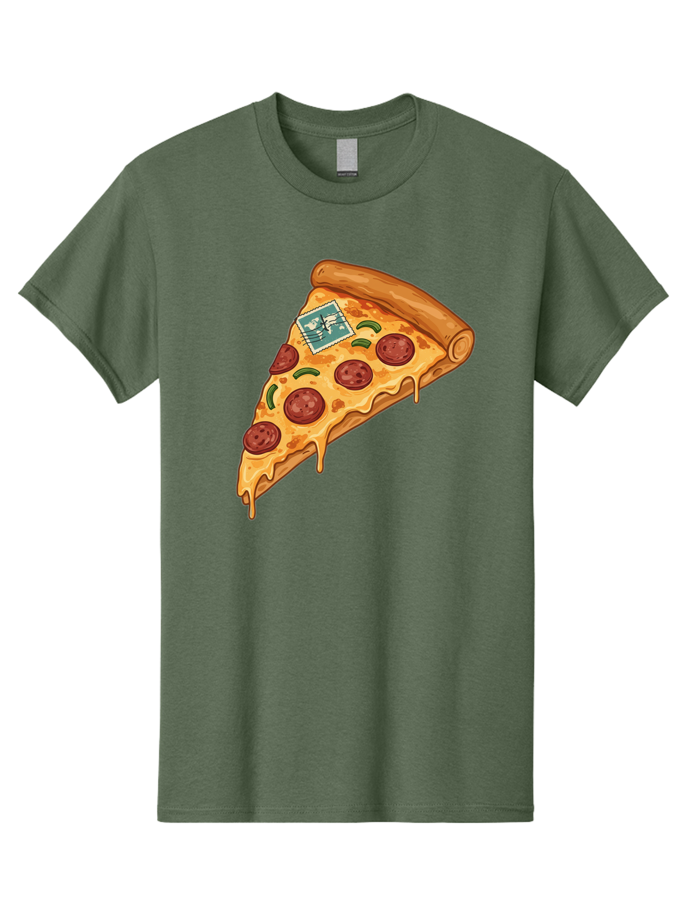 Pizza-Slice-With-Stamp Men'S Graphic Tee, 100% Cotton, Comfortable Casual Summer Wear, Machine Washable, Pizza Slice, Pepperoni Pizza, Cheese Pizza, Melted Cheese, Postage Stamp, Cartoon Food, Illustration, Tasty Food, Savory Dish, Bac311