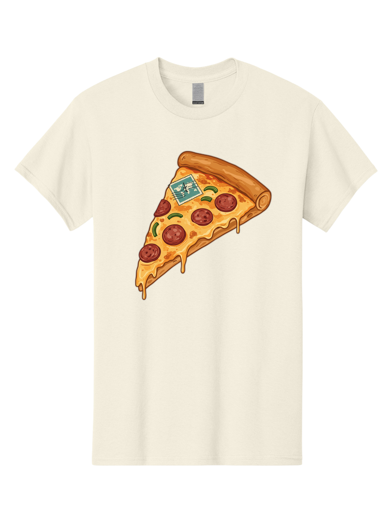 Pizza-Slice-With-Stamp Men'S Graphic Tee, 100% Cotton, Comfortable Casual Summer Wear, Machine Washable, Pizza Slice, Pepperoni Pizza, Cheese Pizza, Melted Cheese, Postage Stamp, Cartoon Food, Illustration, Tasty Food, Savory Dish, Bac311