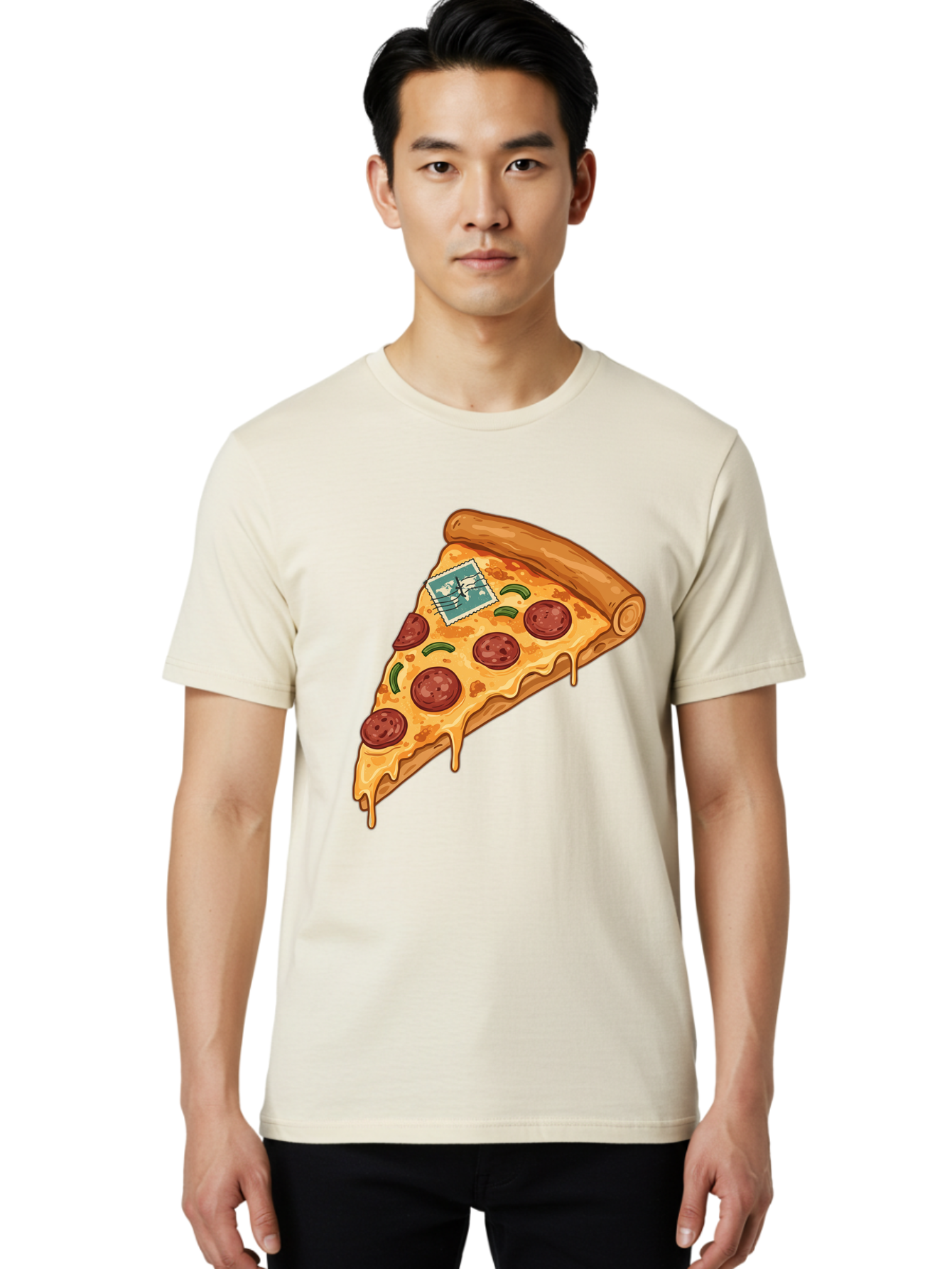 Pizza-Slice-With-Stamp Men'S Graphic Tee, 100% Cotton, Comfortable Casual Summer Wear, Machine Washable, Pizza Slice, Pepperoni Pizza, Cheese Pizza, Melted Cheese, Postage Stamp, Cartoon Food, Illustration, Tasty Food, Savory Dish, Bac311