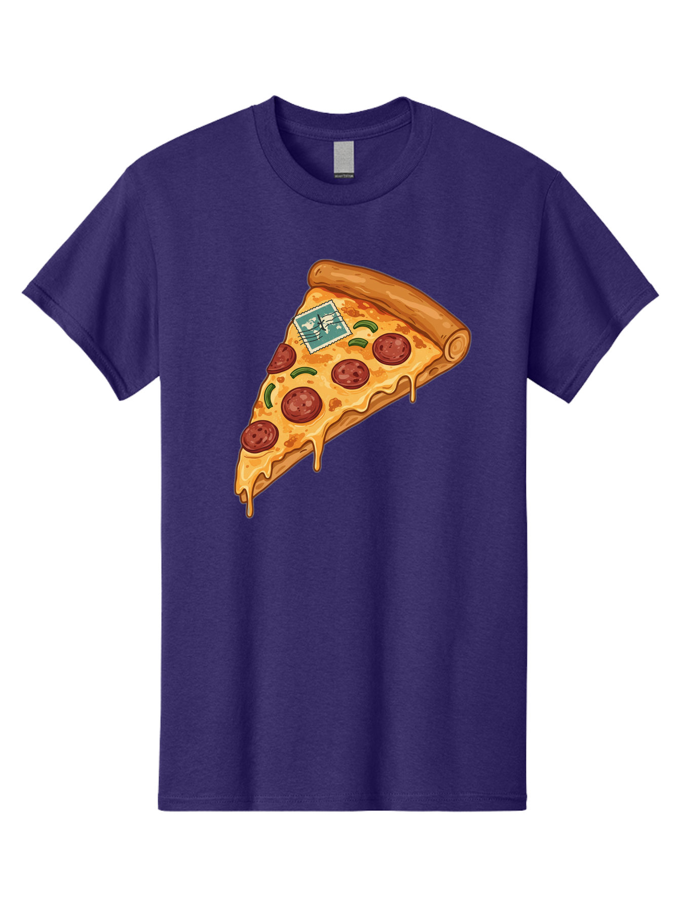Pizza-Slice-With-Stamp Men'S Graphic Tee, 100% Cotton, Comfortable Casual Summer Wear, Machine Washable, Pizza Slice, Pepperoni Pizza, Cheese Pizza, Melted Cheese, Postage Stamp, Cartoon Food, Illustration, Tasty Food, Savory Dish, Bac311