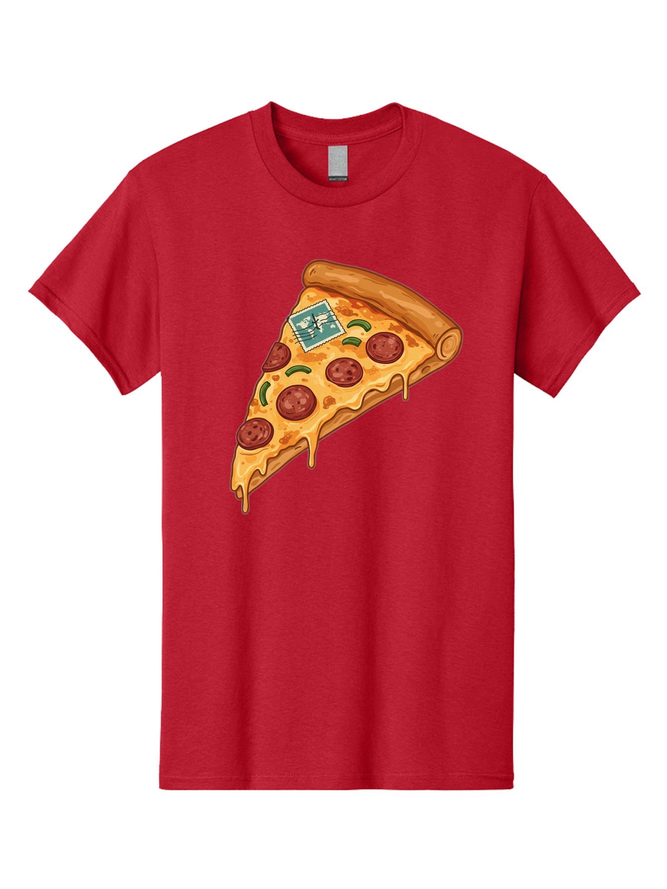 Pizza-Slice-With-Stamp Men'S Graphic Tee, 100% Cotton, Comfortable Casual Summer Wear, Machine Washable, Pizza Slice, Pepperoni Pizza, Cheese Pizza, Melted Cheese, Postage Stamp, Cartoon Food, Illustration, Tasty Food, Savory Dish, Bac311
