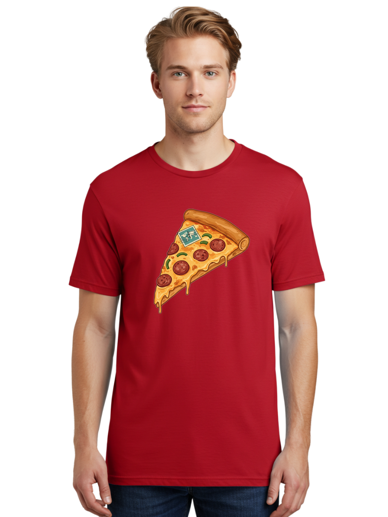 Pizza-Slice-With-Stamp Men'S Graphic Tee, 100% Cotton, Comfortable Casual Summer Wear, Machine Washable, Pizza Slice, Pepperoni Pizza, Cheese Pizza, Melted Cheese, Postage Stamp, Cartoon Food, Illustration, Tasty Food, Savory Dish, Bac311