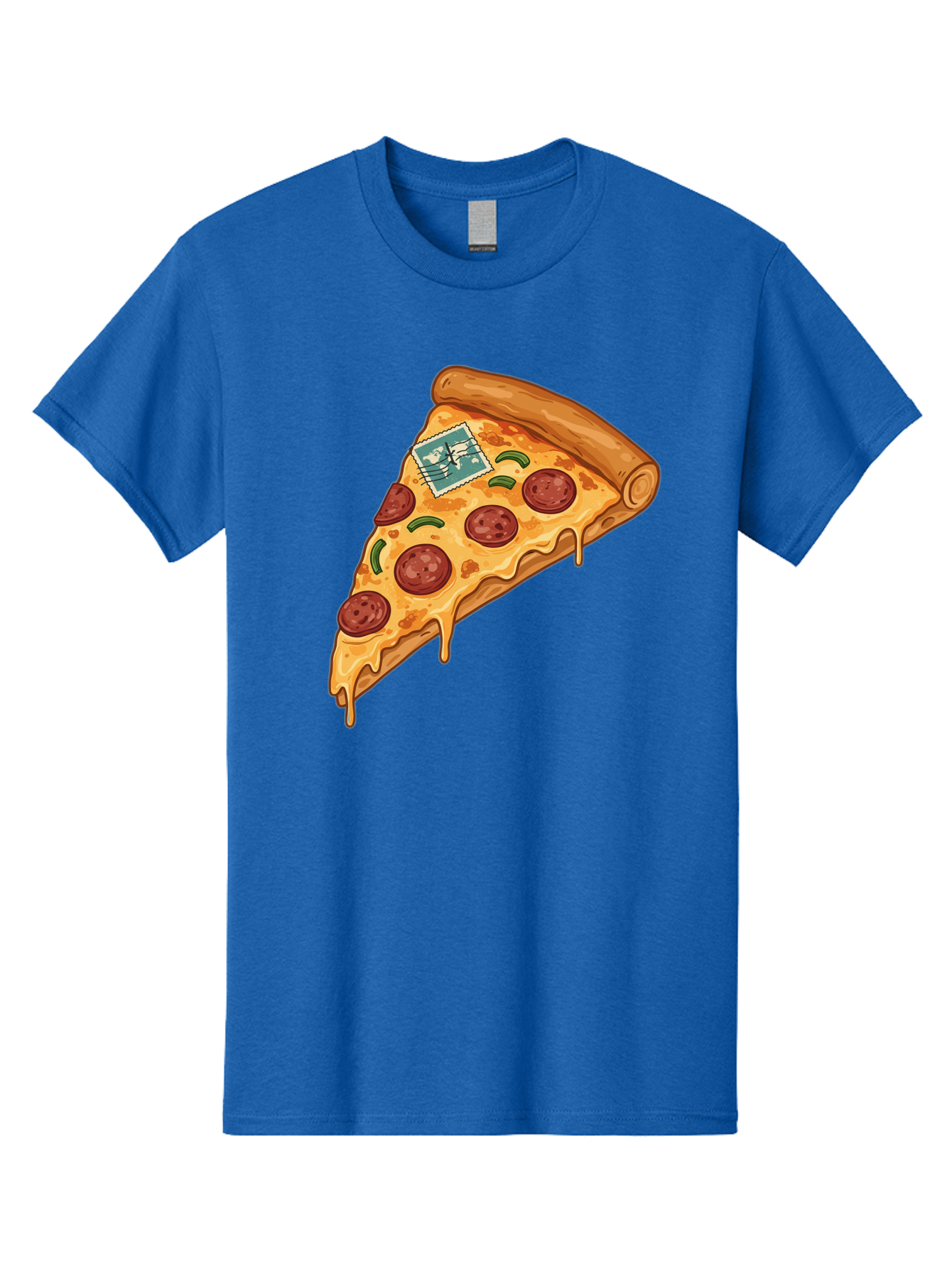 Pizza-Slice-With-Stamp Men'S Graphic Tee, 100% Cotton, Comfortable Casual Summer Wear, Machine Washable, Pizza Slice, Pepperoni Pizza, Cheese Pizza, Melted Cheese, Postage Stamp, Cartoon Food, Illustration, Tasty Food, Savory Dish, Bac311