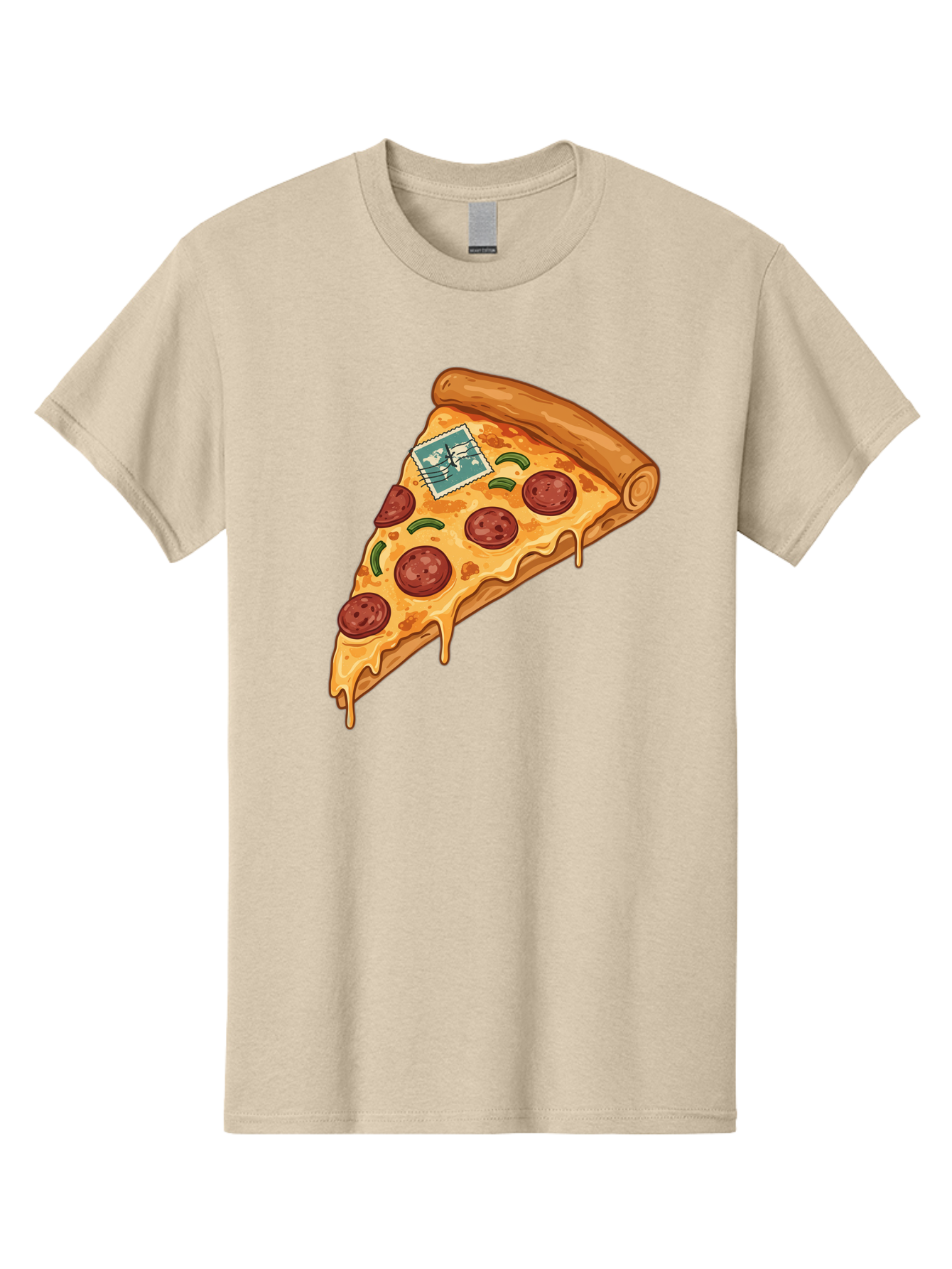 Pizza-Slice-With-Stamp Men'S Graphic Tee, 100% Cotton, Comfortable Casual Summer Wear, Machine Washable, Pizza Slice, Pepperoni Pizza, Cheese Pizza, Melted Cheese, Postage Stamp, Cartoon Food, Illustration, Tasty Food, Savory Dish, Bac311