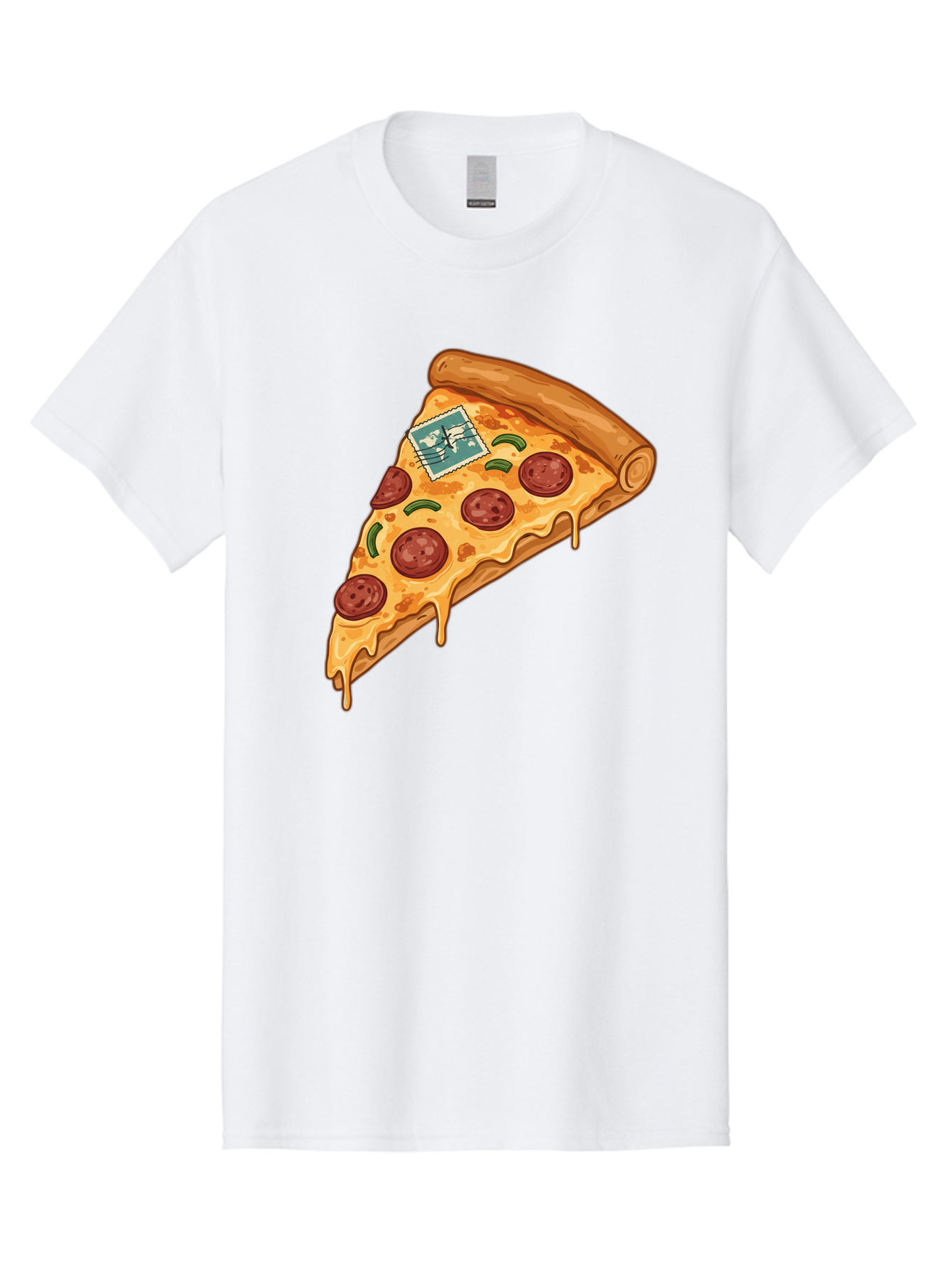 Pizza-Slice-With-Stamp Men'S Graphic Tee, 100% Cotton, Comfortable Casual Summer Wear, Machine Washable, Pizza Slice, Pepperoni Pizza, Cheese Pizza, Melted Cheese, Postage Stamp, Cartoon Food, Illustration, Tasty Food, Savory Dish, Bac311