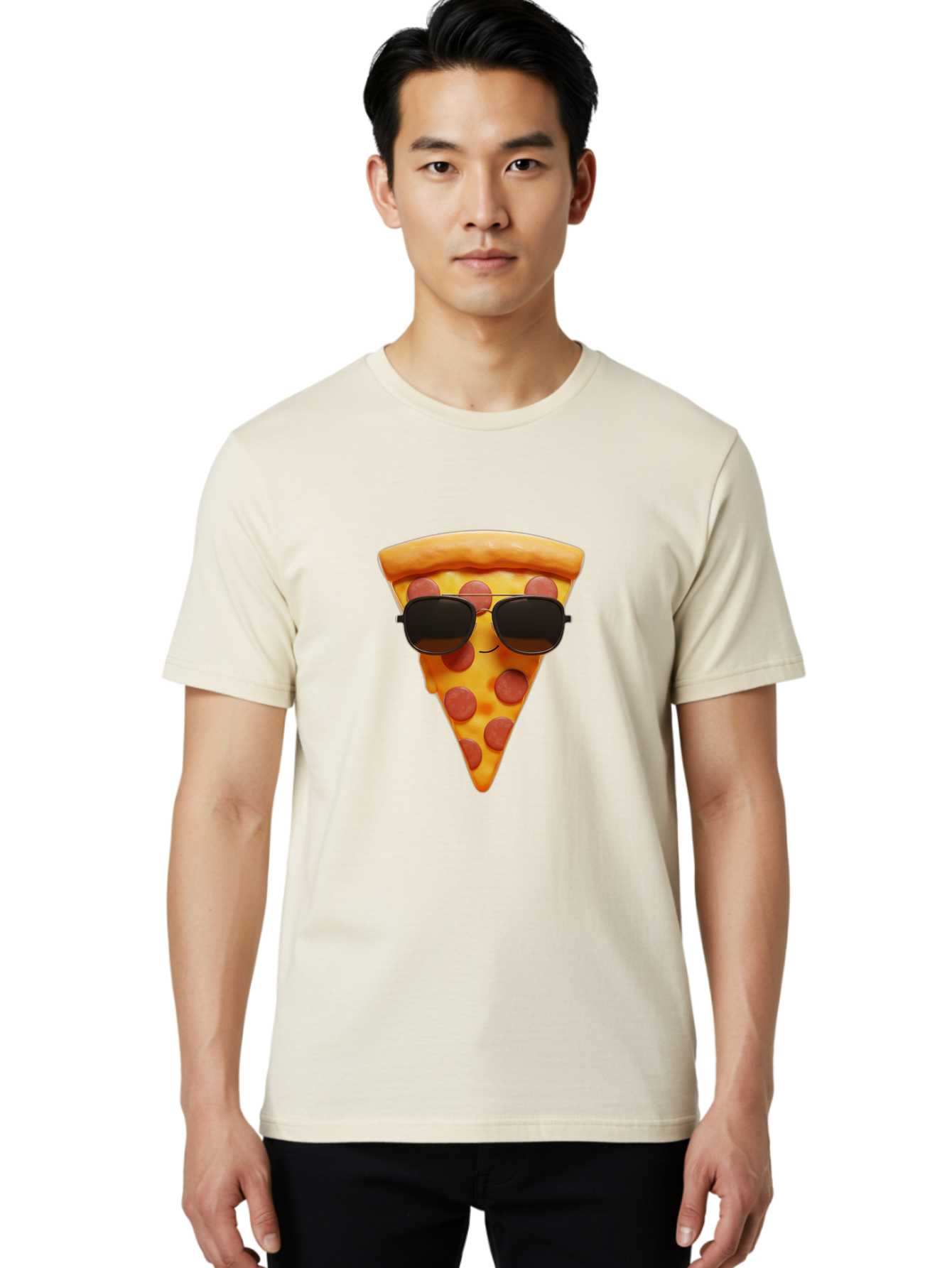 Pizza-Slice-With-Sunglasses-1 Men'S Graphic Tee, 100% Cotton, Comfortable Casual Summer Wear, Machine Washable, Pepperoni Pizza Slice, Cool Pizza, Sunglasses, Smiley Face, Cartoon Character, Funny Food, Playful Illustration, Casual Dining, Bac312