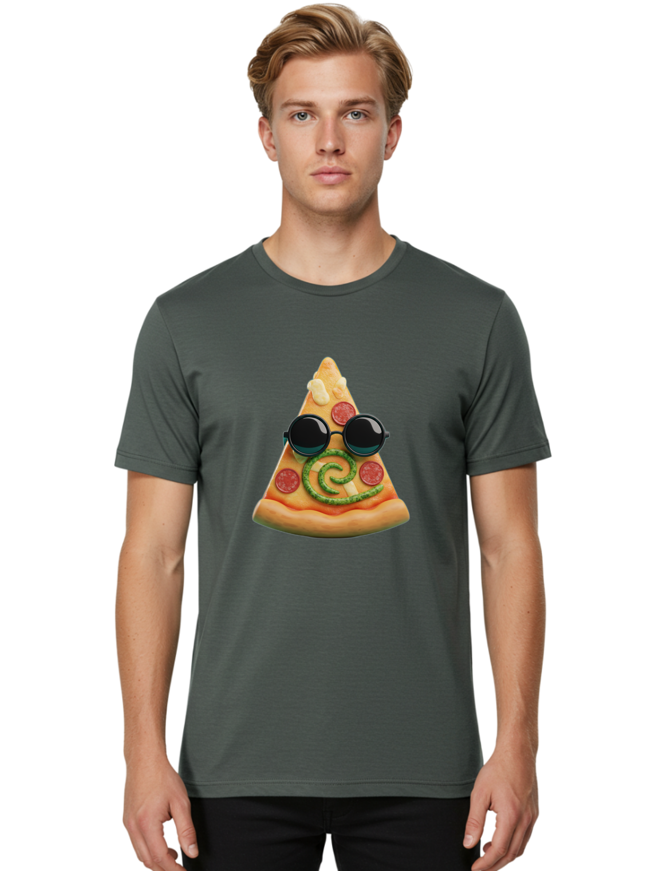 Pizza-Slice-With-Sunglasses-3 Men'S Graphic Tee, 100% Cotton, Comfortable Casual Summer Wear, Machine Washable, Funny Pizza, Cool Pizza Slice, Pepperoni Pizza, Melted Cheese, Pesto Swirl, Cute Food, Hipster Food, Casual Dining, Pizza Love, Bac314
