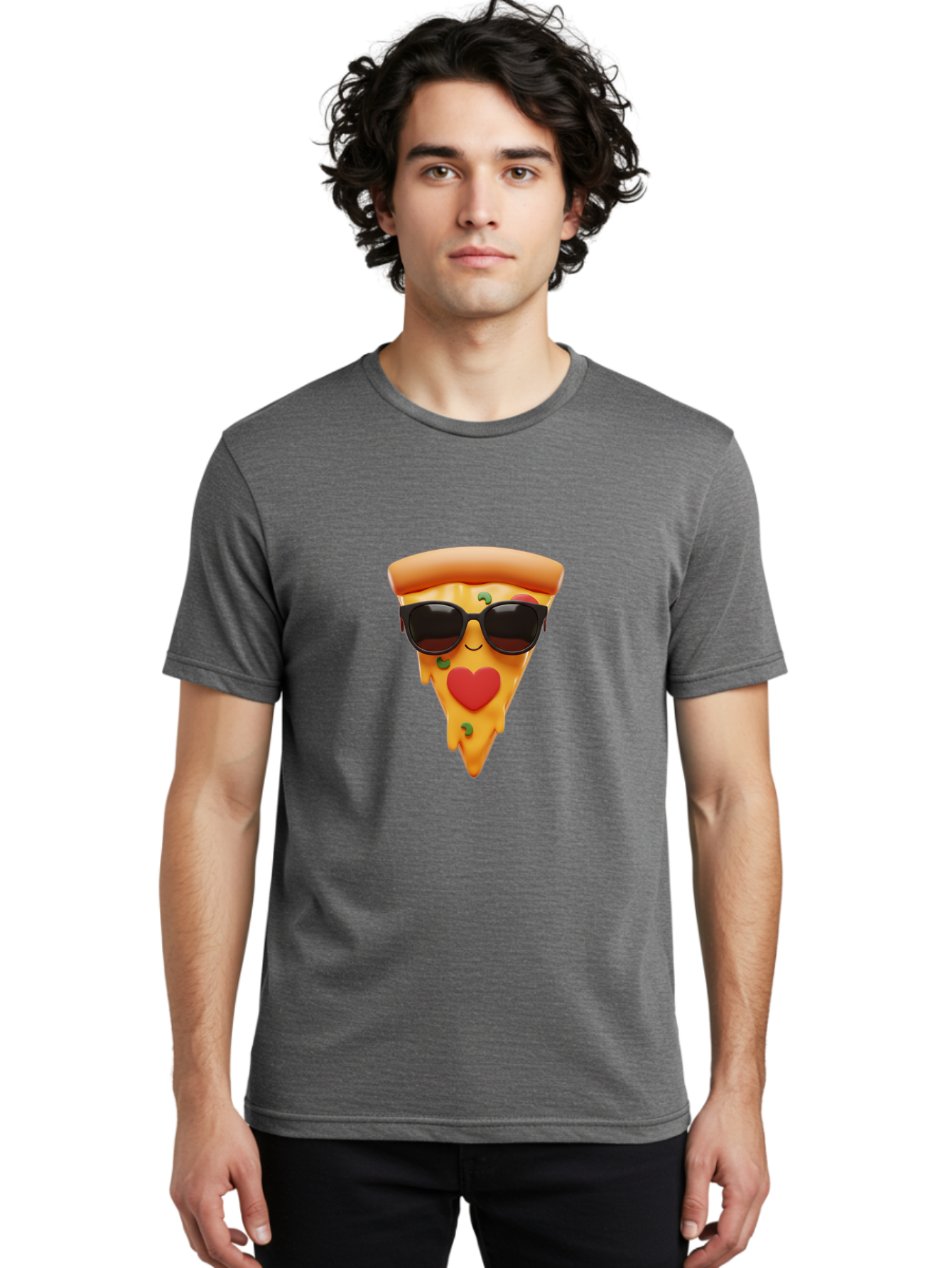 Pizza-Slice-With-Sunglasses Men'S Graphic Tee, 100% Cotton, Comfortable Casual Summer Wear, Machine Washable, Cool Pizza Slice, Sunglasses, Heart-Shaped Mouth, Cartoon Character, Cheesy Goodness, Foodie Fun, Playful Vibe, Tasty Treat, Bac315