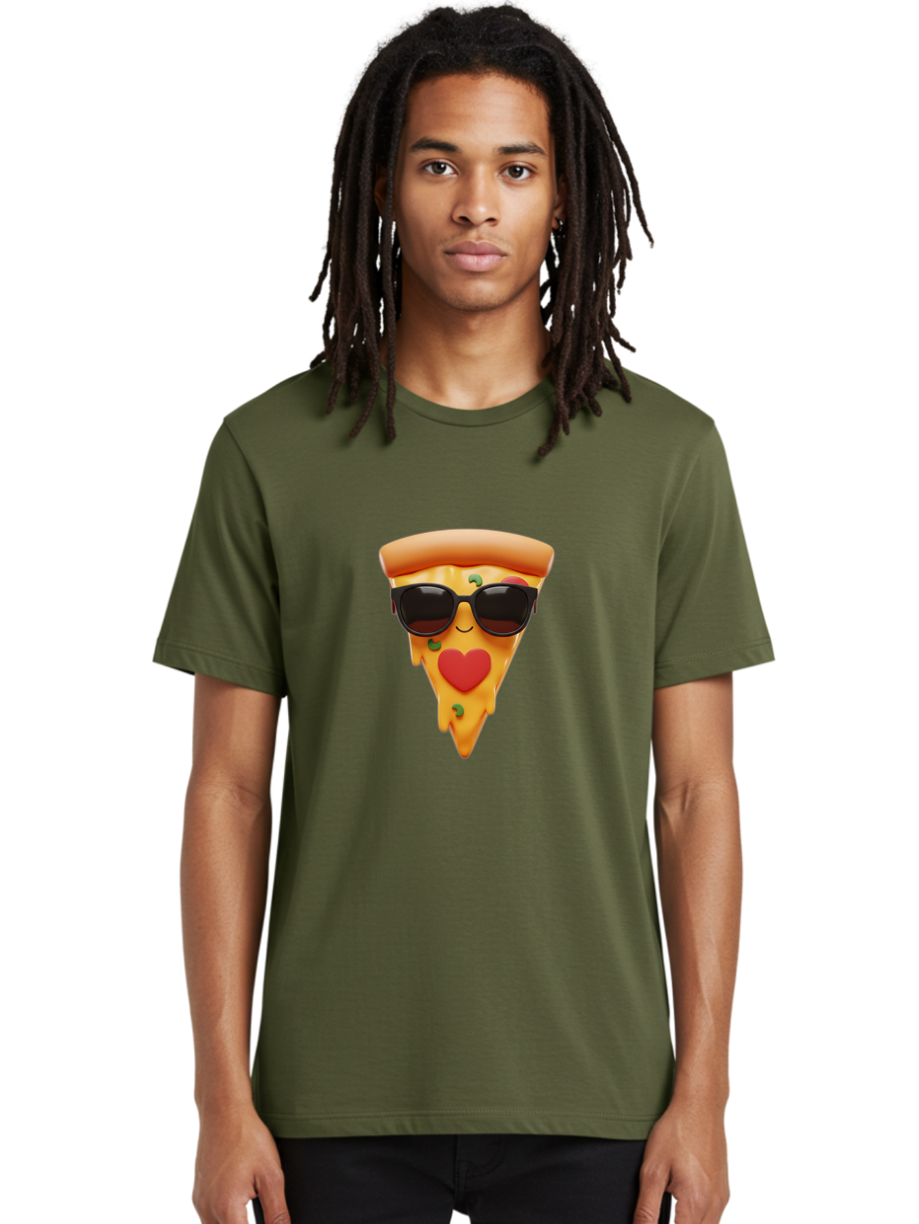 Pizza-Slice-With-Sunglasses Men'S Graphic Tee, 100% Cotton, Comfortable Casual Summer Wear, Machine Washable, Cool Pizza Slice, Sunglasses, Heart-Shaped Mouth, Cartoon Character, Cheesy Goodness, Foodie Fun, Playful Vibe, Tasty Treat, Bac315