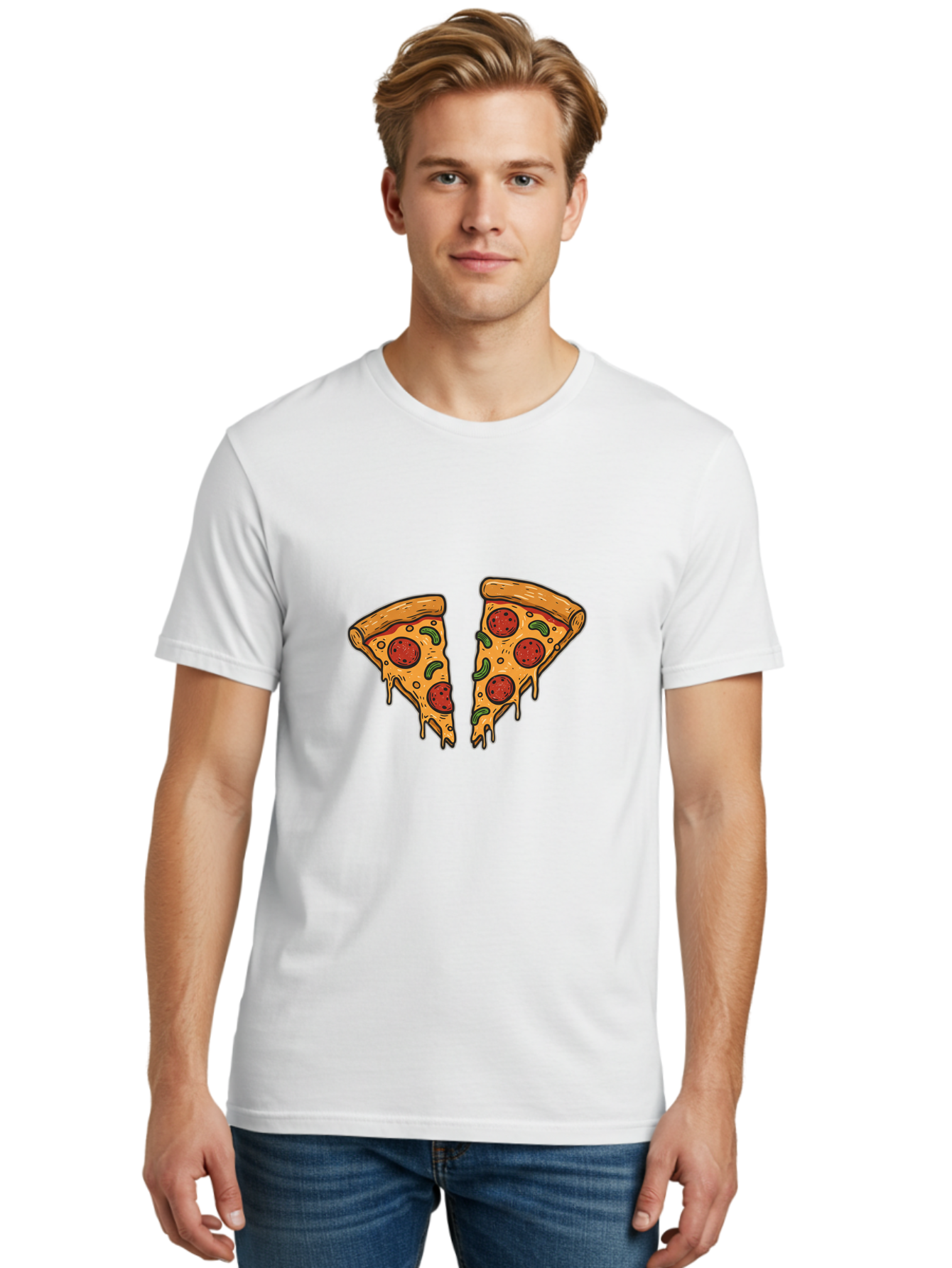 Pizza-Slices-1 Men'S Graphic Tee, 100% Cotton, Comfortable Casual Summer Wear, Machine Washable, Cheesy Pizza, Pepperoni Slices, Melted Cheese, Italian Food, Two Pizza Slices, Cartoon Style, Pizza Graphics, Food Illustration, Cheesy Goodness Bac317