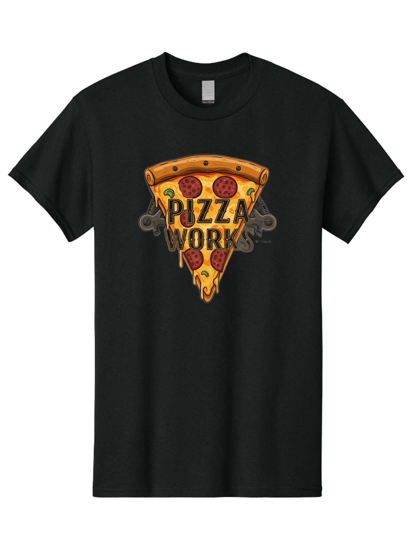 Pizza-Works Men'S Graphic Tee, 100% Cotton, Comfortable Casual Summer Wear, Machine Washable, Steaming Hot Pizza, Melted Cheese, Savory Pepperoni, Green Olives, Industrial Gears, Food Branding, Restaurant Logo, Cartoon Illustration, Bac319
