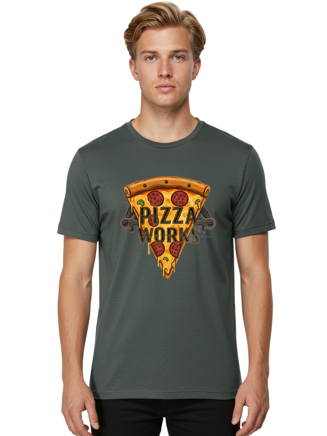 Pizza-Works Men'S Graphic Tee, 100% Cotton, Comfortable Casual Summer Wear, Machine Washable, Steaming Hot Pizza, Melted Cheese, Savory Pepperoni, Green Olives, Industrial Gears, Food Branding, Restaurant Logo, Cartoon Illustration, Bac319