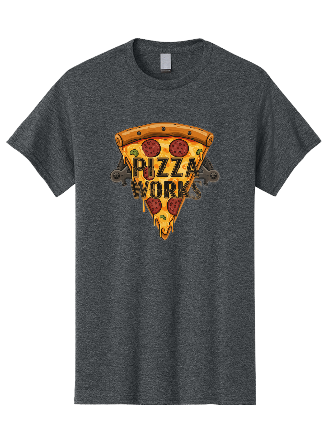 Pizza-Works Men'S Graphic Tee, 100% Cotton, Comfortable Casual Summer Wear, Machine Washable, Steaming Hot Pizza, Melted Cheese, Savory Pepperoni, Green Olives, Industrial Gears, Food Branding, Restaurant Logo, Cartoon Illustration, Bac319
