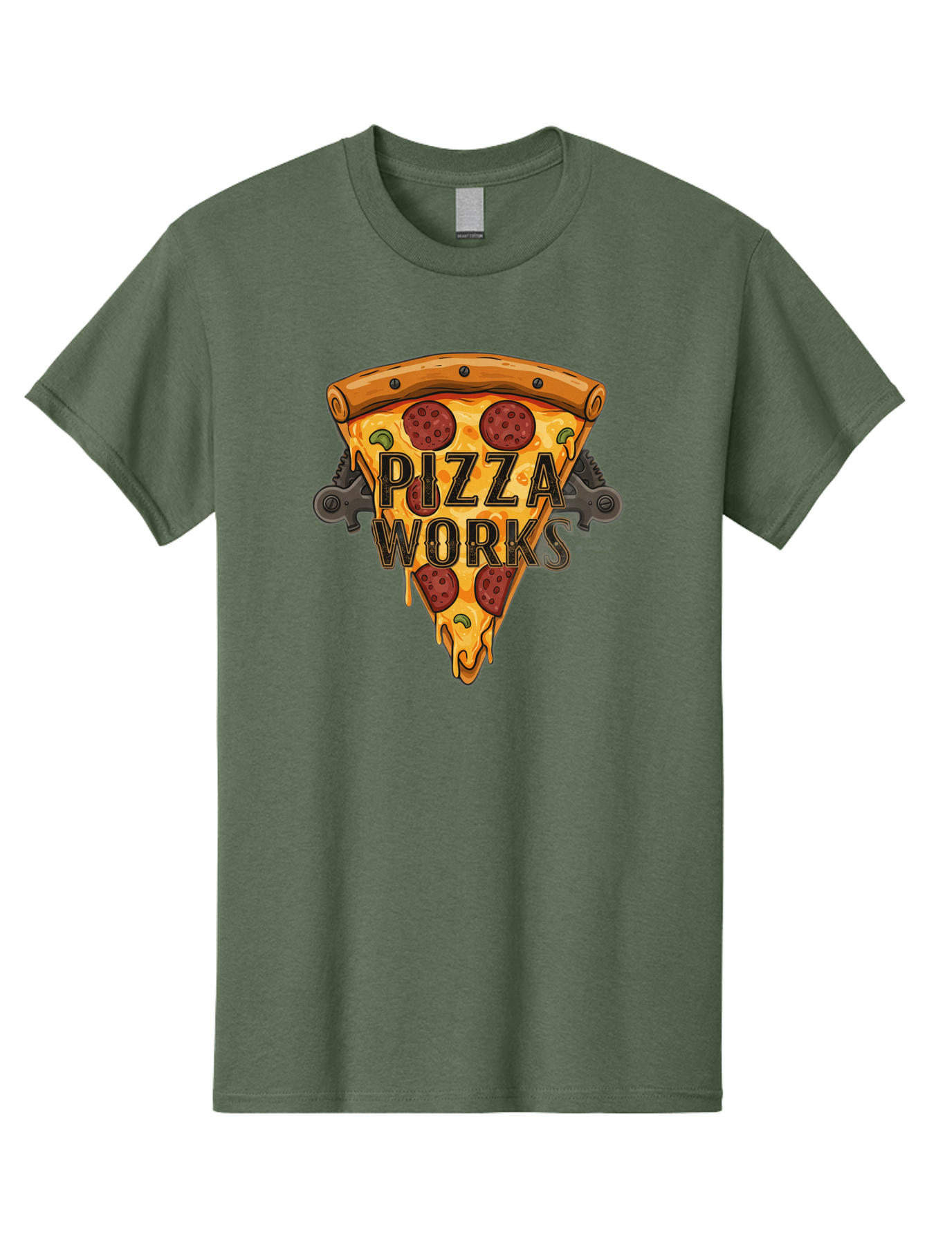 Pizza-Works Men'S Graphic Tee, 100% Cotton, Comfortable Casual Summer Wear, Machine Washable, Steaming Hot Pizza, Melted Cheese, Savory Pepperoni, Green Olives, Industrial Gears, Food Branding, Restaurant Logo, Cartoon Illustration, Bac319