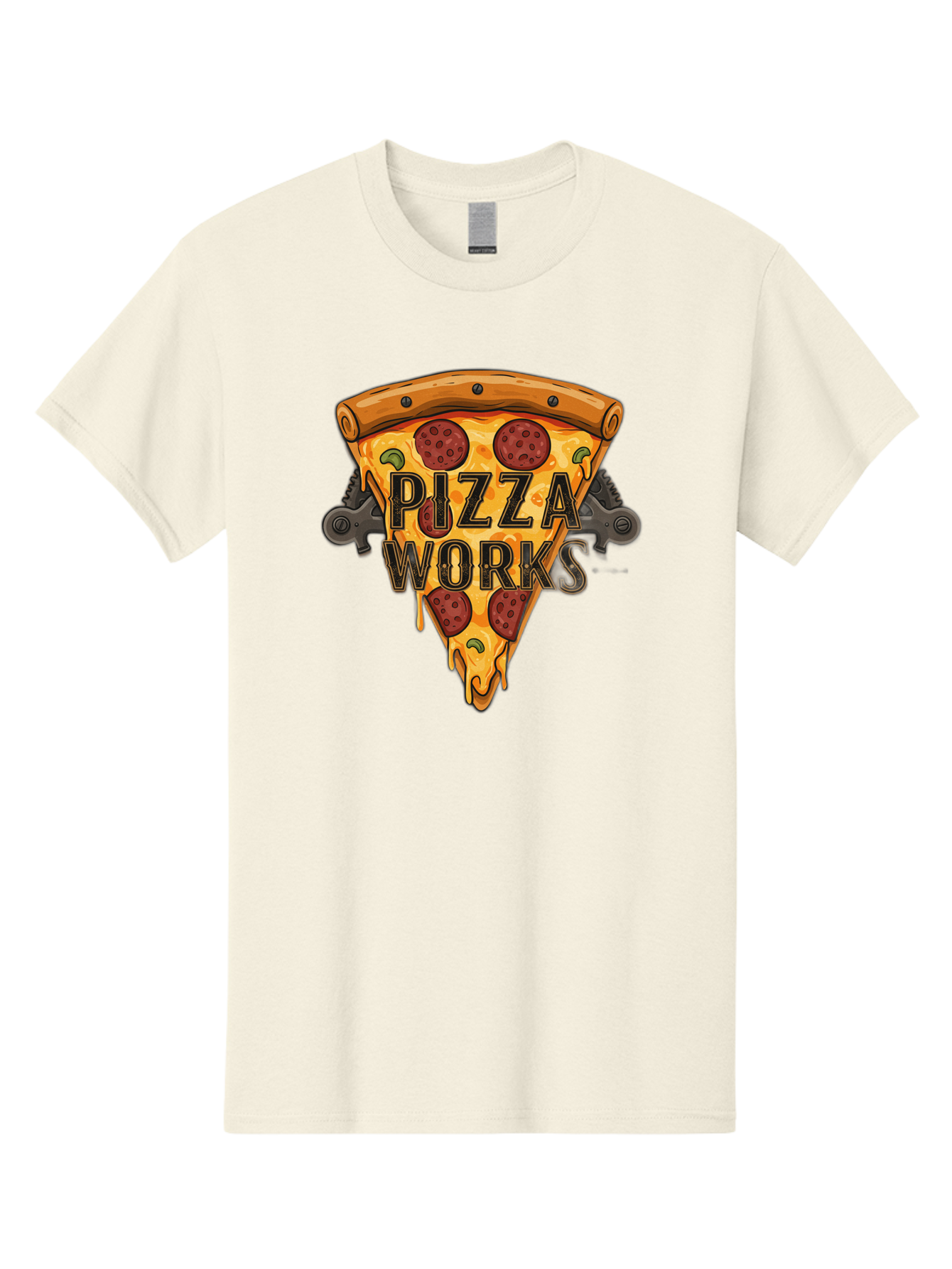 Pizza-Works Men'S Graphic Tee, 100% Cotton, Comfortable Casual Summer Wear, Machine Washable, Steaming Hot Pizza, Melted Cheese, Savory Pepperoni, Green Olives, Industrial Gears, Food Branding, Restaurant Logo, Cartoon Illustration, Bac319