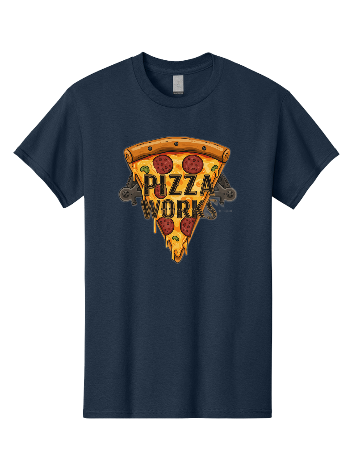 Pizza-Works Men'S Graphic Tee, 100% Cotton, Comfortable Casual Summer Wear, Machine Washable, Steaming Hot Pizza, Melted Cheese, Savory Pepperoni, Green Olives, Industrial Gears, Food Branding, Restaurant Logo, Cartoon Illustration, Bac319