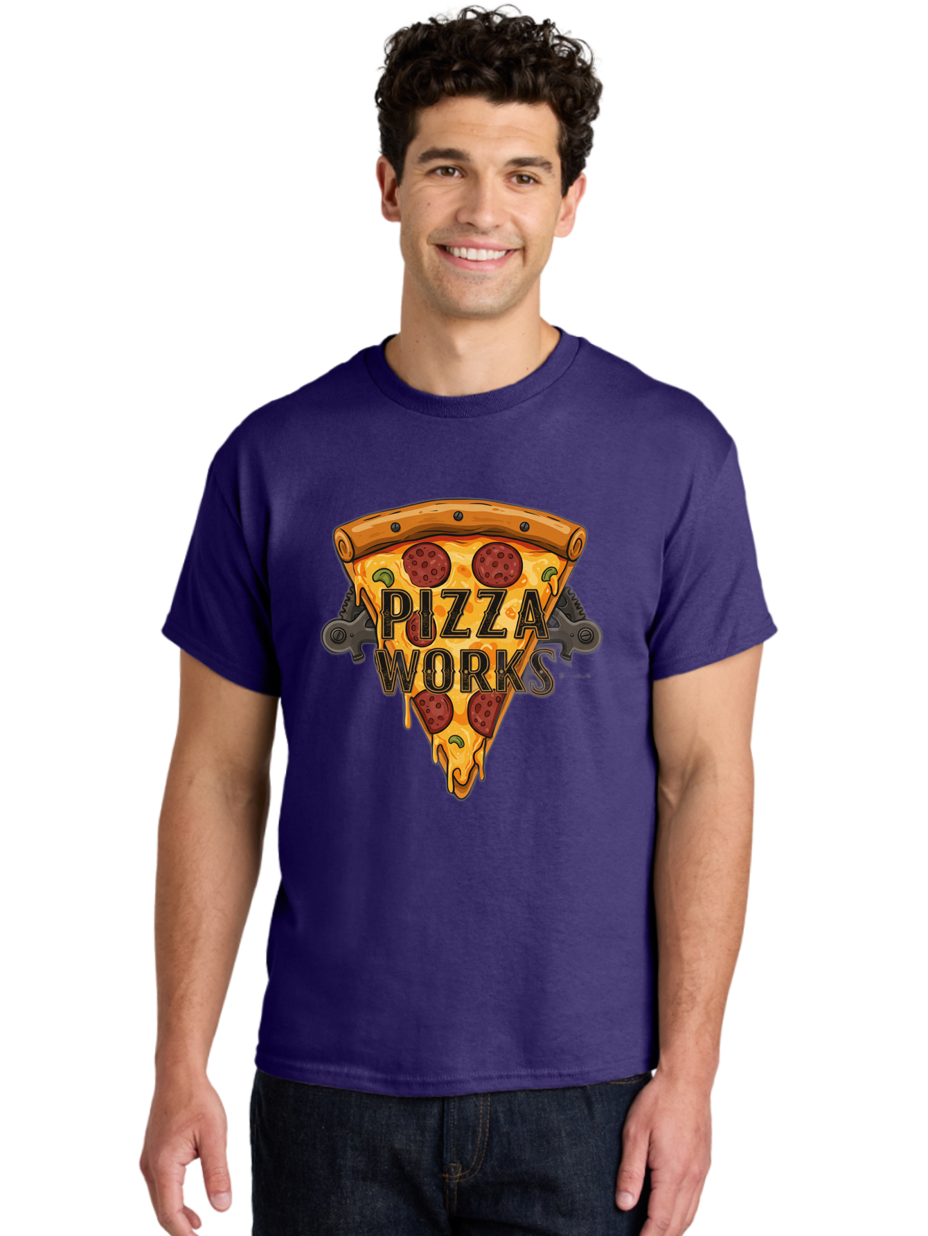 Pizza-Works Men'S Graphic Tee, 100% Cotton, Comfortable Casual Summer Wear, Machine Washable, Steaming Hot Pizza, Melted Cheese, Savory Pepperoni, Green Olives, Industrial Gears, Food Branding, Restaurant Logo, Cartoon Illustration, Bac319