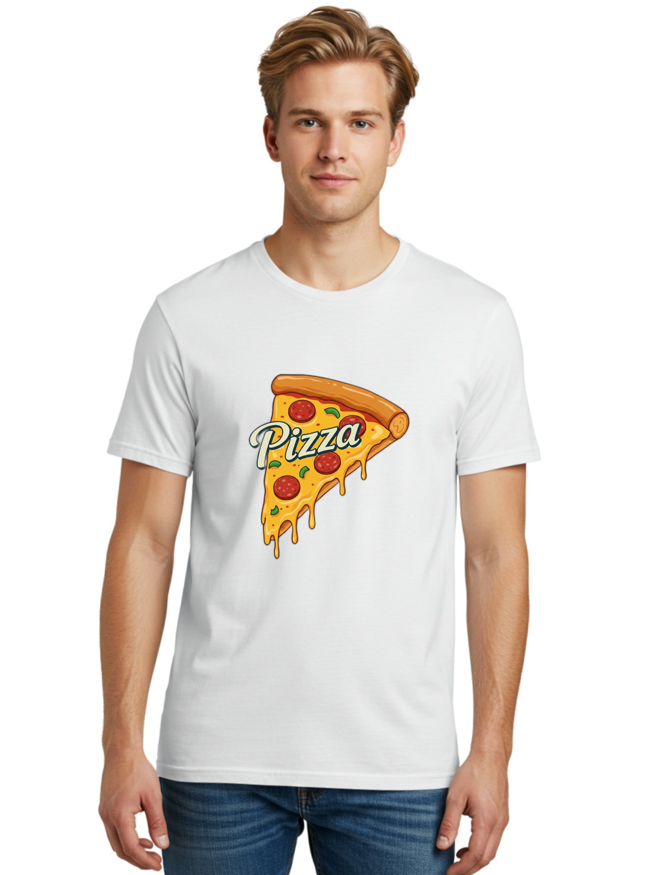 Pizza Men'S Graphic Tee, 100% Cotton, Comfortable Casual Summer Wear, Machine Washable, Cheesy Pizza Slice, Pepperoni Pizza, Melted Cheese, Green Peppers, Pizza Toppings, Italian Food, Delicious Pizza Bac320