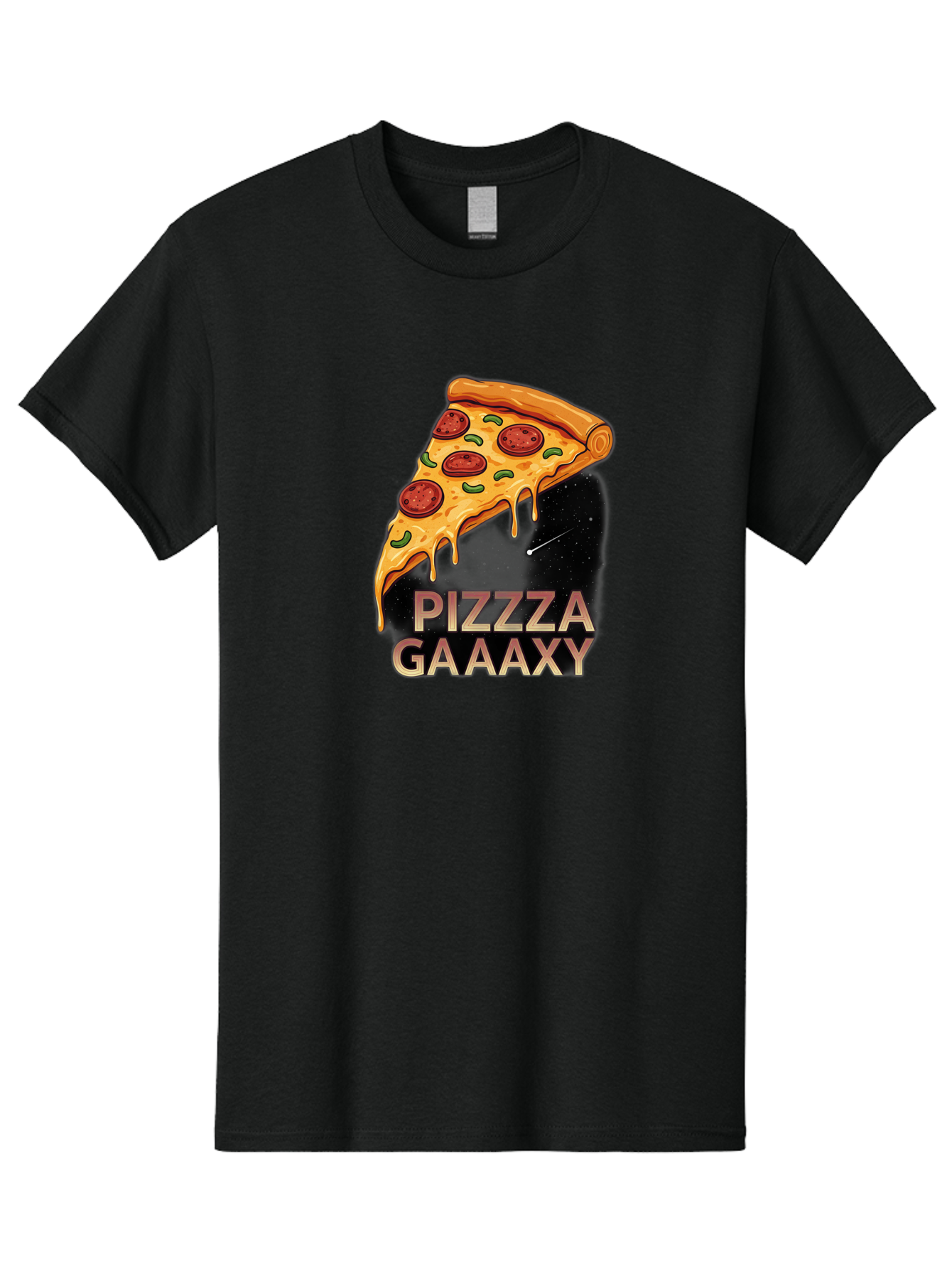 Pizzza-Gaaaxy Men'S Graphic Tee, 100% Cotton, Comfortable Casual Summer Wear, Machine Washable, Pizza Slice In Space, Melted Cheese, Pepperoni Toppings, Green Olives, Outer Space, Galaxy Theme, Cartoon Illustration, Cheese Dripping, Food Art, Bac321