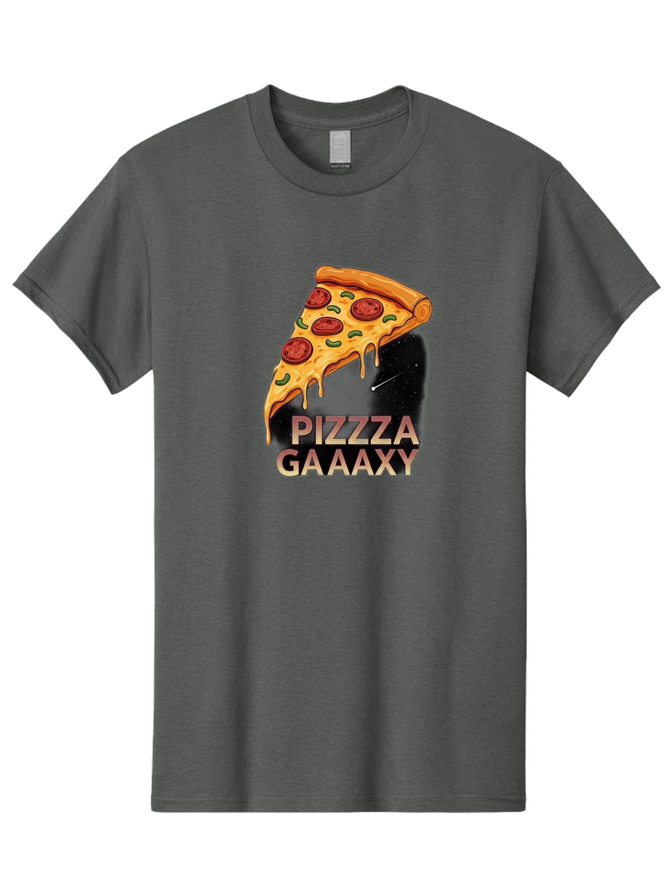 Pizzza-Gaaaxy Men'S Graphic Tee, 100% Cotton, Comfortable Casual Summer Wear, Machine Washable, Pizza Slice In Space, Melted Cheese, Pepperoni Toppings, Green Olives, Outer Space, Galaxy Theme, Cartoon Illustration, Cheese Dripping, Food Art, Bac321