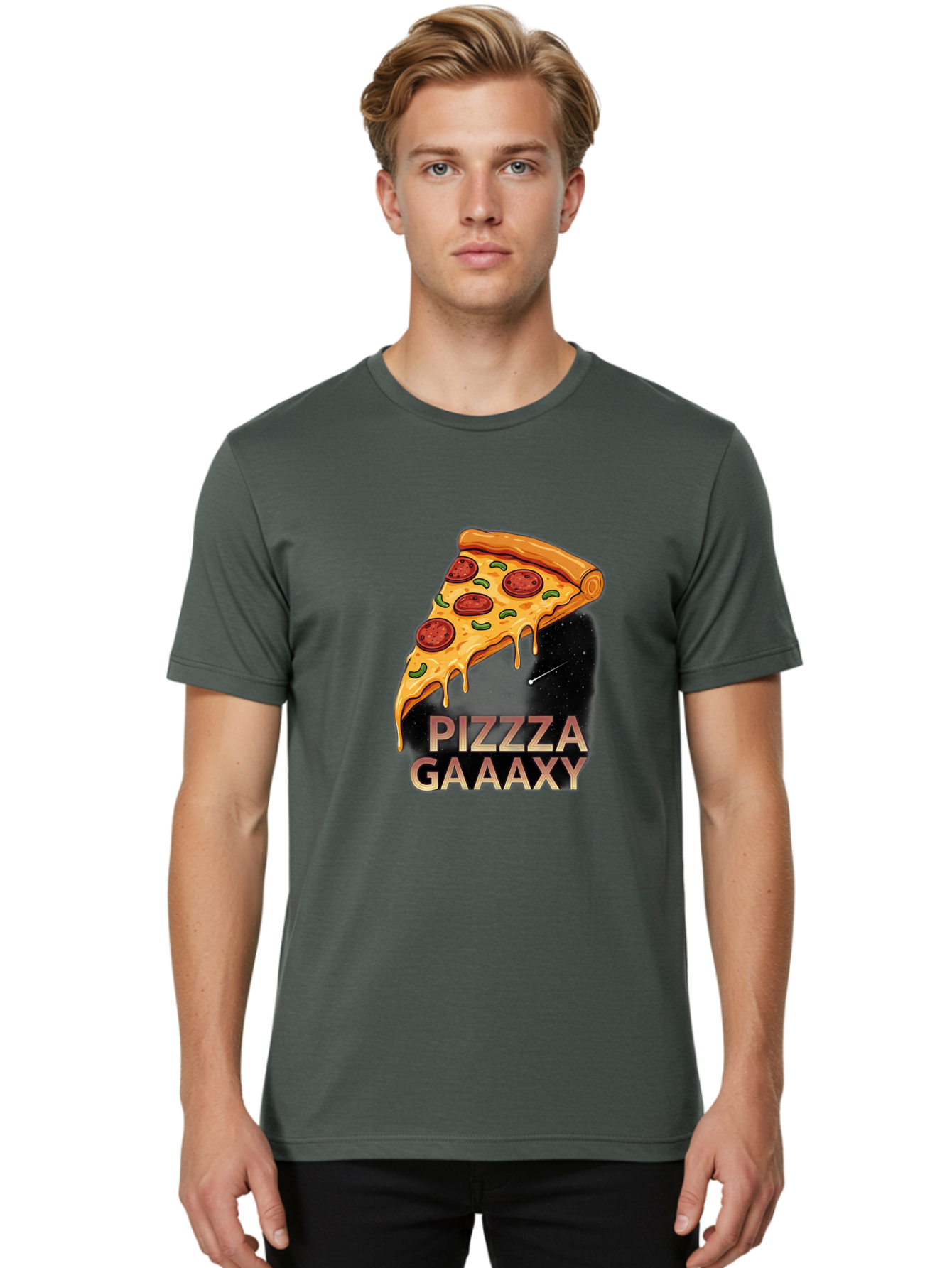 Pizzza-Gaaaxy Men'S Graphic Tee, 100% Cotton, Comfortable Casual Summer Wear, Machine Washable, Pizza Slice In Space, Melted Cheese, Pepperoni Toppings, Green Olives, Outer Space, Galaxy Theme, Cartoon Illustration, Cheese Dripping, Food Art, Bac321