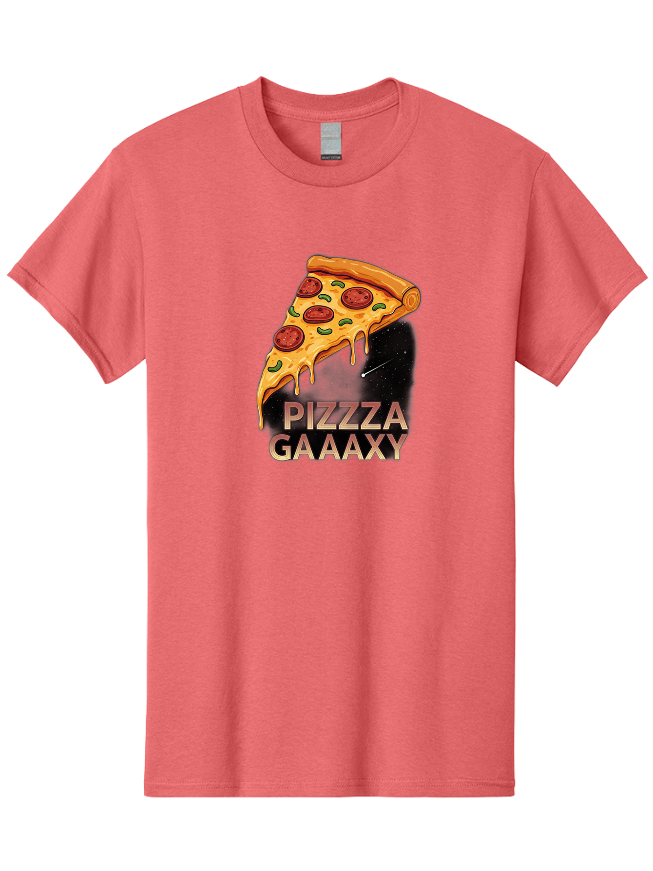 Pizzza-Gaaaxy Men'S Graphic Tee, 100% Cotton, Comfortable Casual Summer Wear, Machine Washable, Pizza Slice In Space, Melted Cheese, Pepperoni Toppings, Green Olives, Outer Space, Galaxy Theme, Cartoon Illustration, Cheese Dripping, Food Art, Bac321