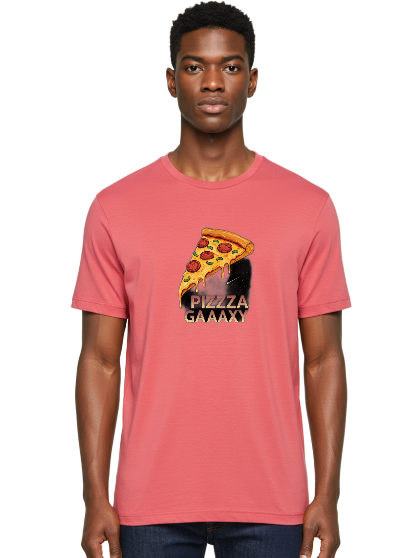 Pizzza-Gaaaxy Men'S Graphic Tee, 100% Cotton, Comfortable Casual Summer Wear, Machine Washable, Pizza Slice In Space, Melted Cheese, Pepperoni Toppings, Green Olives, Outer Space, Galaxy Theme, Cartoon Illustration, Cheese Dripping, Food Art, Bac321