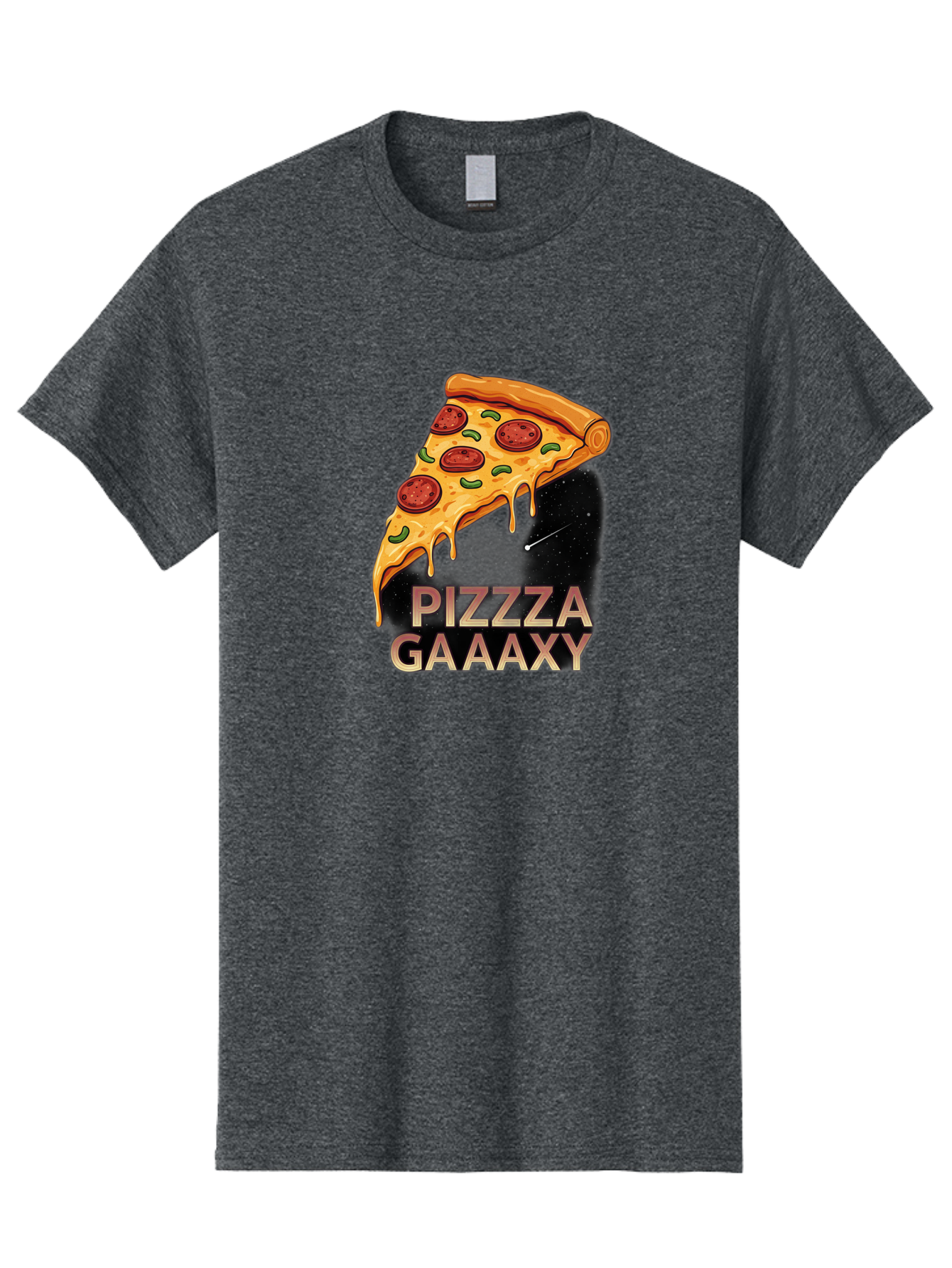 Pizzza-Gaaaxy Men'S Graphic Tee, 100% Cotton, Comfortable Casual Summer Wear, Machine Washable, Pizza Slice In Space, Melted Cheese, Pepperoni Toppings, Green Olives, Outer Space, Galaxy Theme, Cartoon Illustration, Cheese Dripping, Food Art, Bac321