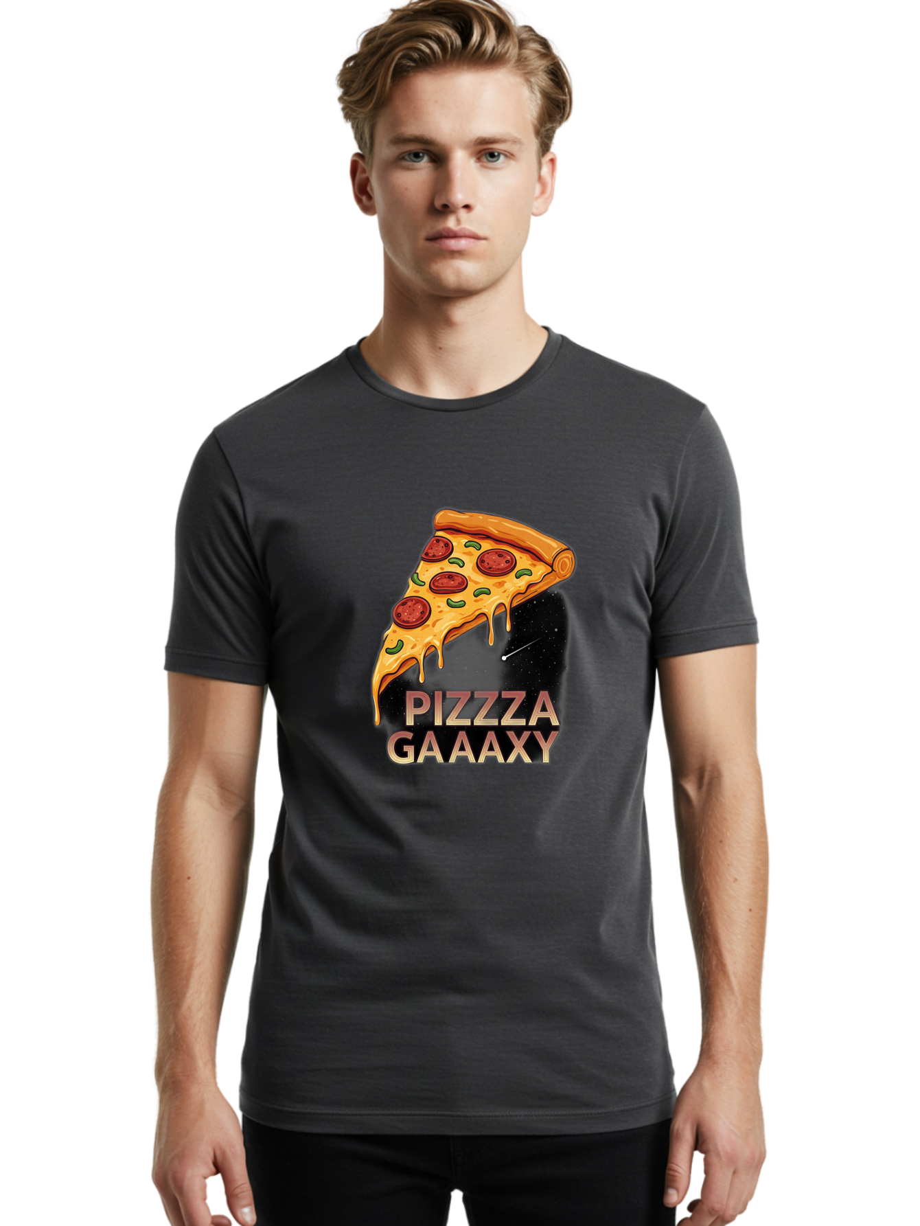 Pizzza-Gaaaxy Men'S Graphic Tee, 100% Cotton, Comfortable Casual Summer Wear, Machine Washable, Pizza Slice In Space, Melted Cheese, Pepperoni Toppings, Green Olives, Outer Space, Galaxy Theme, Cartoon Illustration, Cheese Dripping, Food Art, Bac321