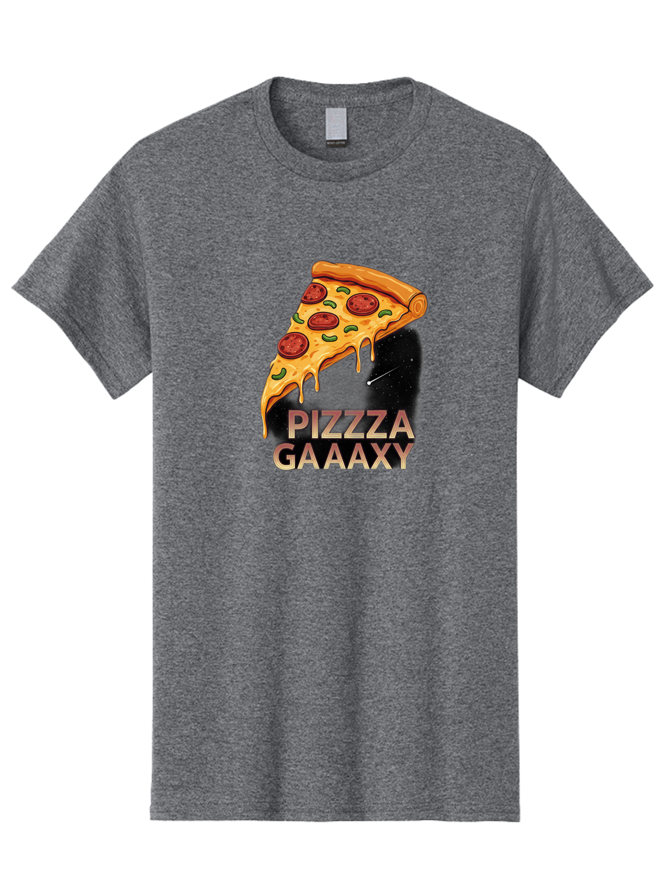 Pizzza-Gaaaxy Men'S Graphic Tee, 100% Cotton, Comfortable Casual Summer Wear, Machine Washable, Pizza Slice In Space, Melted Cheese, Pepperoni Toppings, Green Olives, Outer Space, Galaxy Theme, Cartoon Illustration, Cheese Dripping, Food Art, Bac321