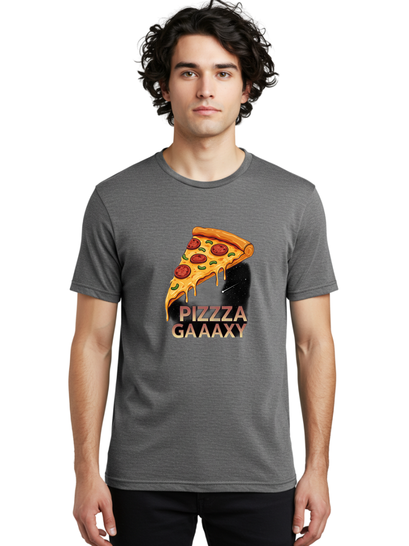 Pizzza-Gaaaxy Men'S Graphic Tee, 100% Cotton, Comfortable Casual Summer Wear, Machine Washable, Pizza Slice In Space, Melted Cheese, Pepperoni Toppings, Green Olives, Outer Space, Galaxy Theme, Cartoon Illustration, Cheese Dripping, Food Art, Bac321