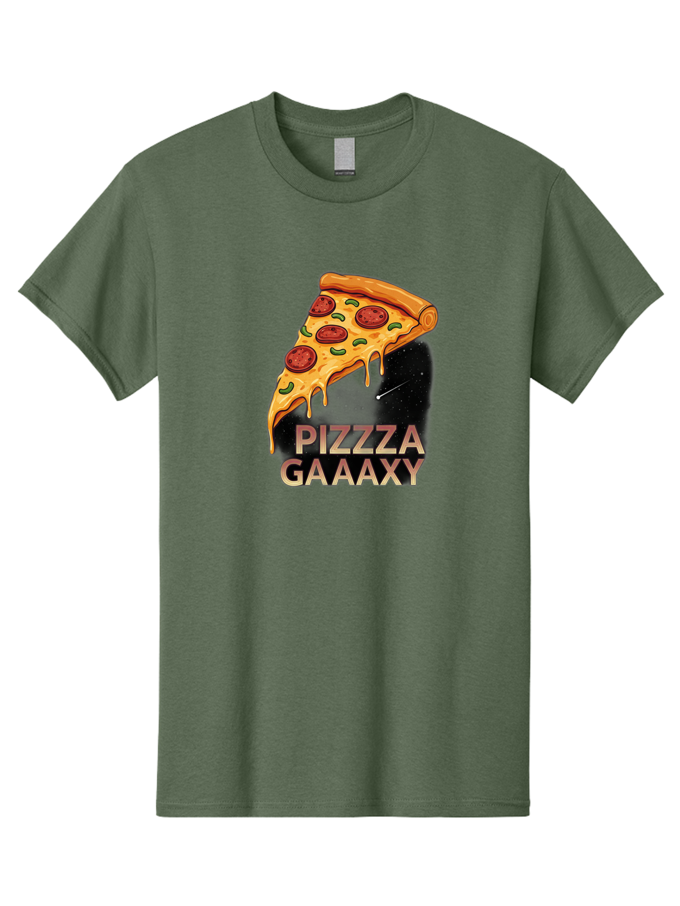 Pizzza-Gaaaxy Men'S Graphic Tee, 100% Cotton, Comfortable Casual Summer Wear, Machine Washable, Pizza Slice In Space, Melted Cheese, Pepperoni Toppings, Green Olives, Outer Space, Galaxy Theme, Cartoon Illustration, Cheese Dripping, Food Art, Bac321