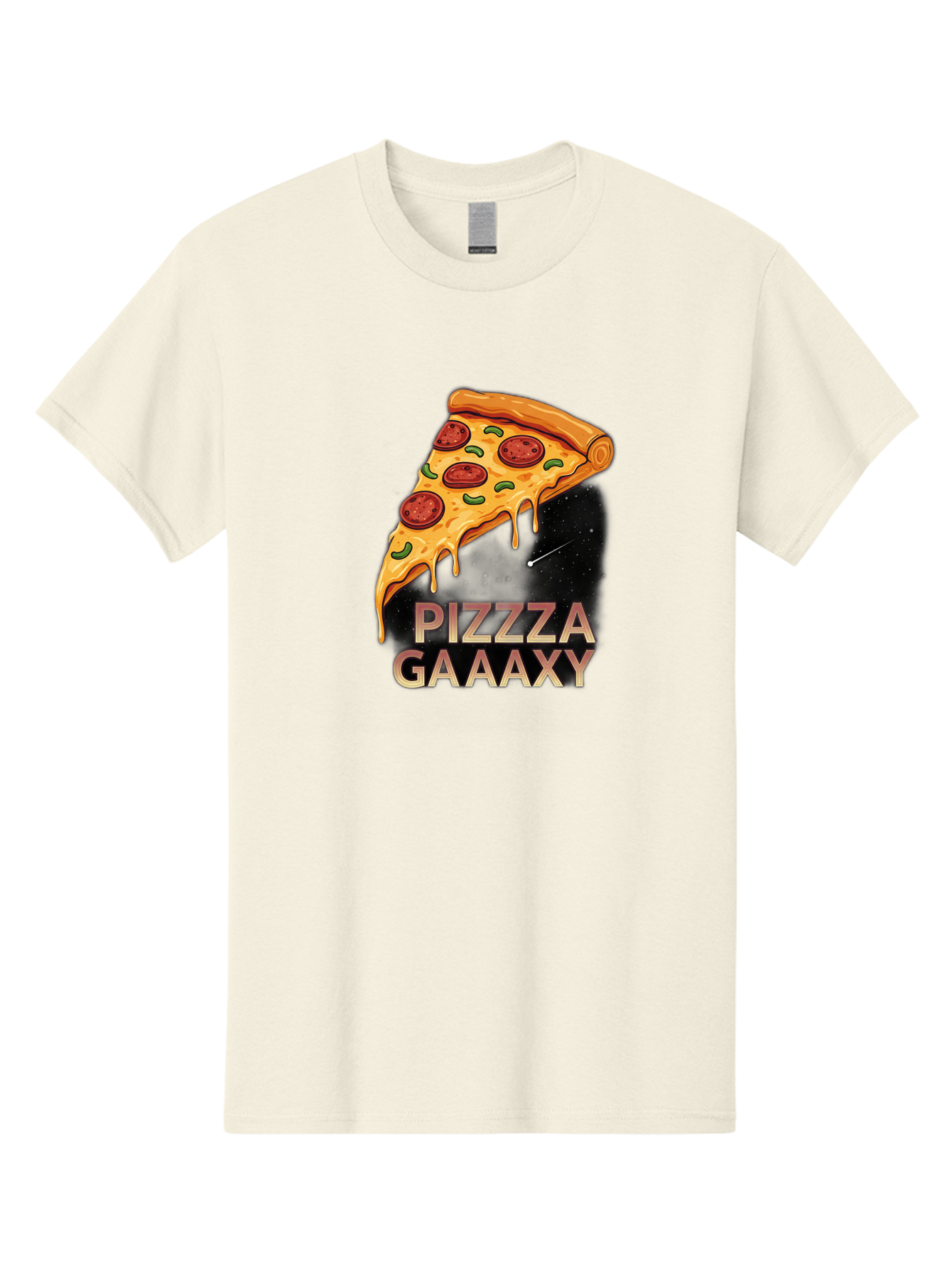 Pizzza-Gaaaxy Men'S Graphic Tee, 100% Cotton, Comfortable Casual Summer Wear, Machine Washable, Pizza Slice In Space, Melted Cheese, Pepperoni Toppings, Green Olives, Outer Space, Galaxy Theme, Cartoon Illustration, Cheese Dripping, Food Art, Bac321