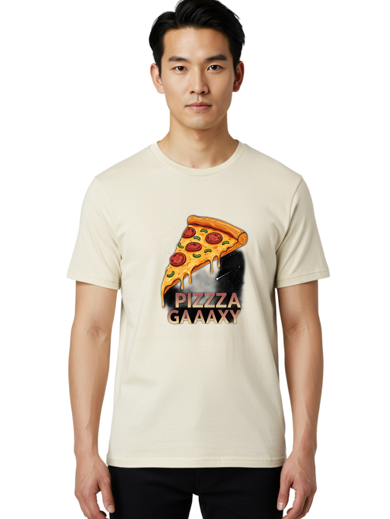 Pizzza-Gaaaxy Men'S Graphic Tee, 100% Cotton, Comfortable Casual Summer Wear, Machine Washable, Pizza Slice In Space, Melted Cheese, Pepperoni Toppings, Green Olives, Outer Space, Galaxy Theme, Cartoon Illustration, Cheese Dripping, Food Art, Bac321
