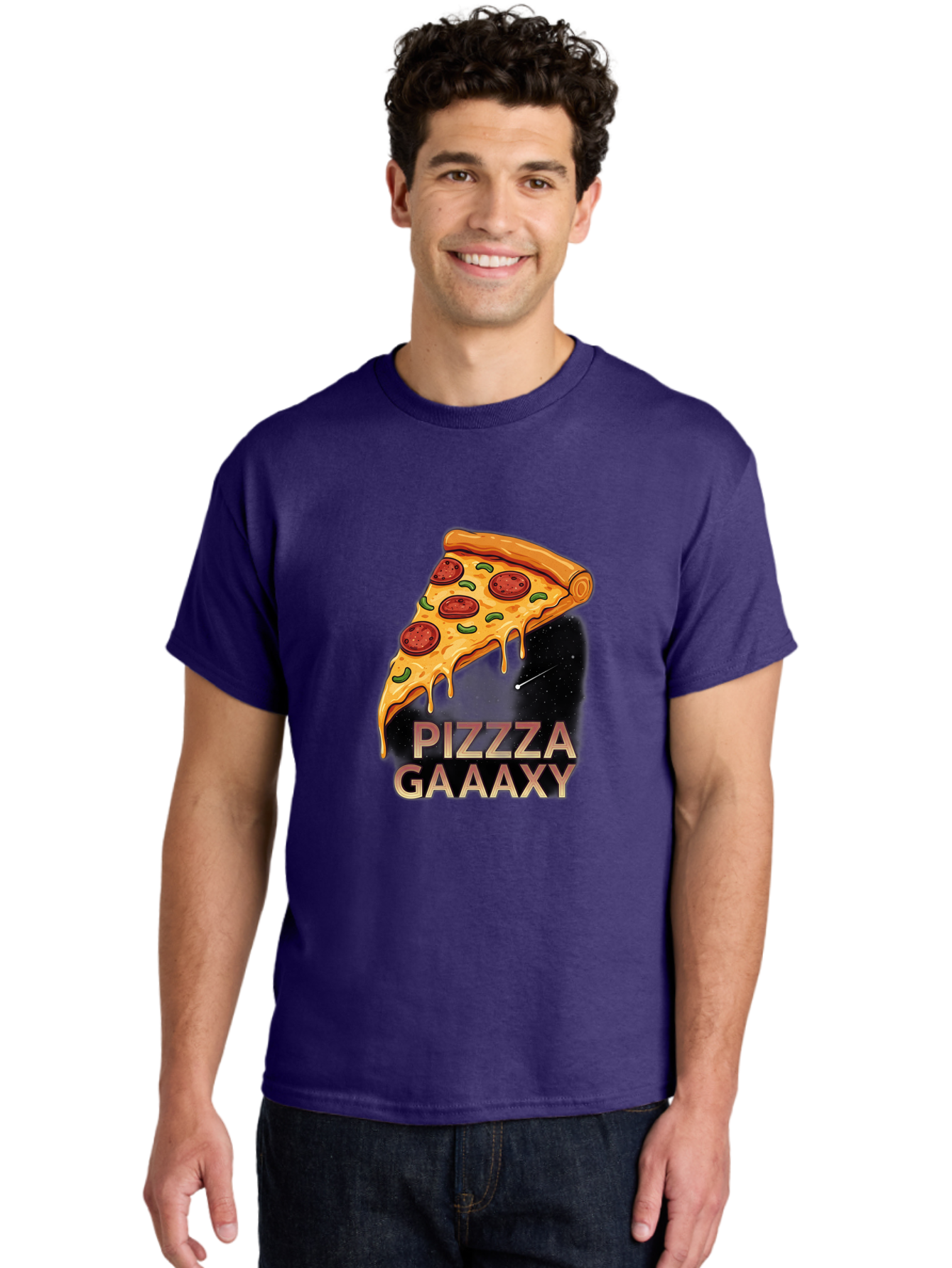 Pizzza-Gaaaxy Men'S Graphic Tee, 100% Cotton, Comfortable Casual Summer Wear, Machine Washable, Pizza Slice In Space, Melted Cheese, Pepperoni Toppings, Green Olives, Outer Space, Galaxy Theme, Cartoon Illustration, Cheese Dripping, Food Art, Bac321
