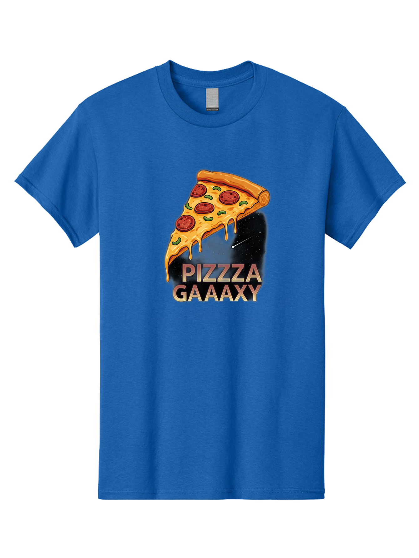 Pizzza-Gaaaxy Men'S Graphic Tee, 100% Cotton, Comfortable Casual Summer Wear, Machine Washable, Pizza Slice In Space, Melted Cheese, Pepperoni Toppings, Green Olives, Outer Space, Galaxy Theme, Cartoon Illustration, Cheese Dripping, Food Art, Bac321