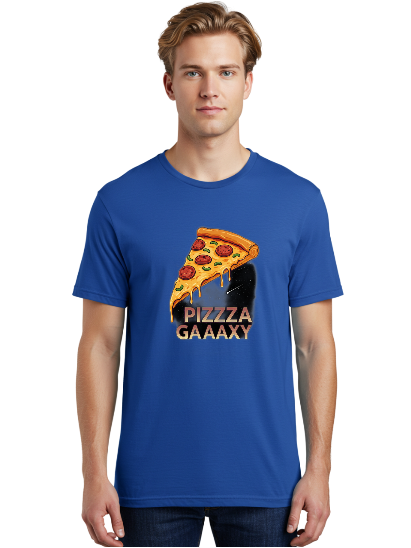 Pizzza-Gaaaxy Men'S Graphic Tee, 100% Cotton, Comfortable Casual Summer Wear, Machine Washable, Pizza Slice In Space, Melted Cheese, Pepperoni Toppings, Green Olives, Outer Space, Galaxy Theme, Cartoon Illustration, Cheese Dripping, Food Art, Bac321