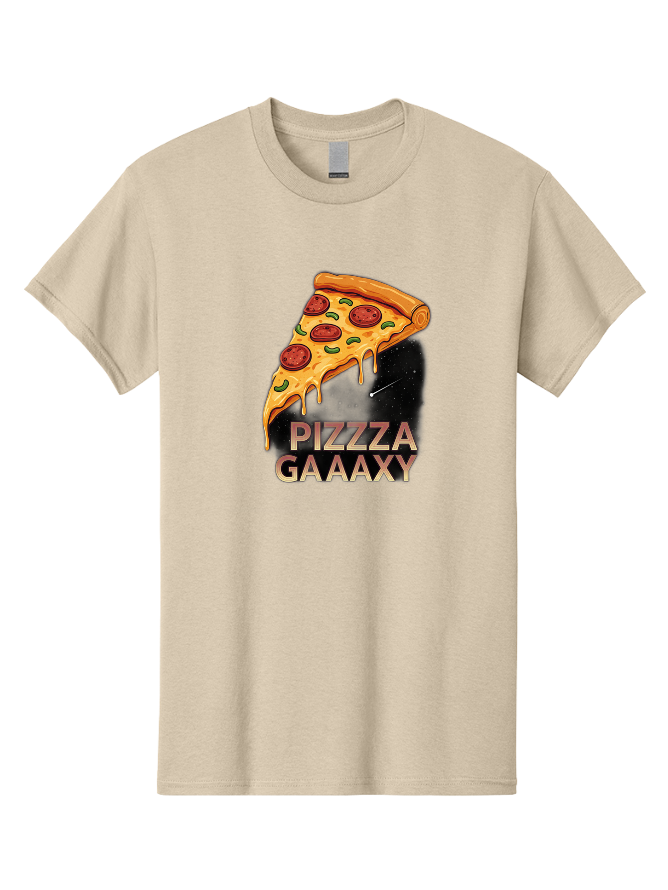 Pizzza-Gaaaxy Men'S Graphic Tee, 100% Cotton, Comfortable Casual Summer Wear, Machine Washable, Pizza Slice In Space, Melted Cheese, Pepperoni Toppings, Green Olives, Outer Space, Galaxy Theme, Cartoon Illustration, Cheese Dripping, Food Art, Bac321