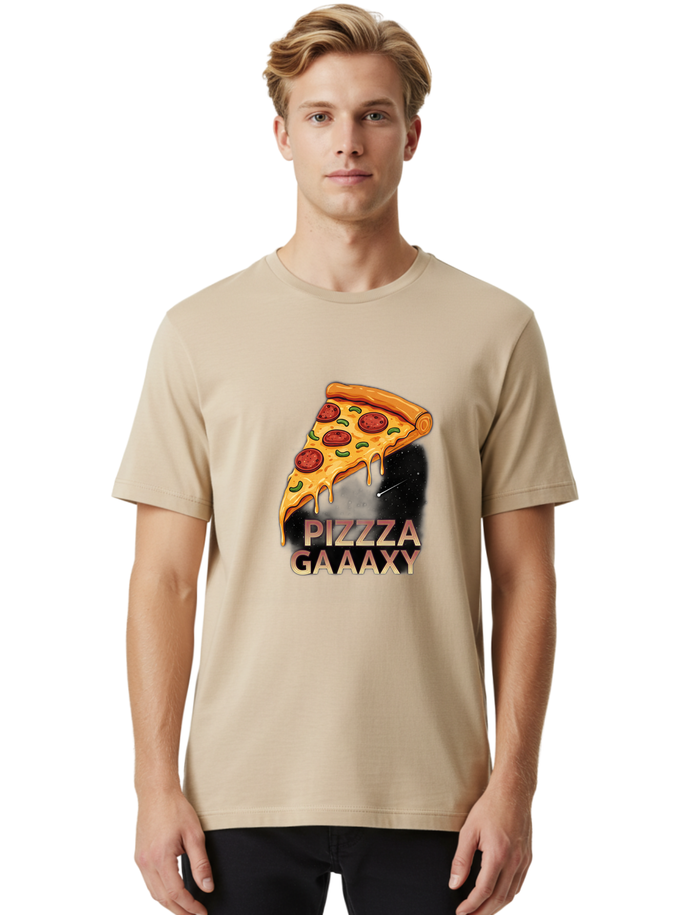 Pizzza-Gaaaxy Men'S Graphic Tee, 100% Cotton, Comfortable Casual Summer Wear, Machine Washable, Pizza Slice In Space, Melted Cheese, Pepperoni Toppings, Green Olives, Outer Space, Galaxy Theme, Cartoon Illustration, Cheese Dripping, Food Art, Bac321