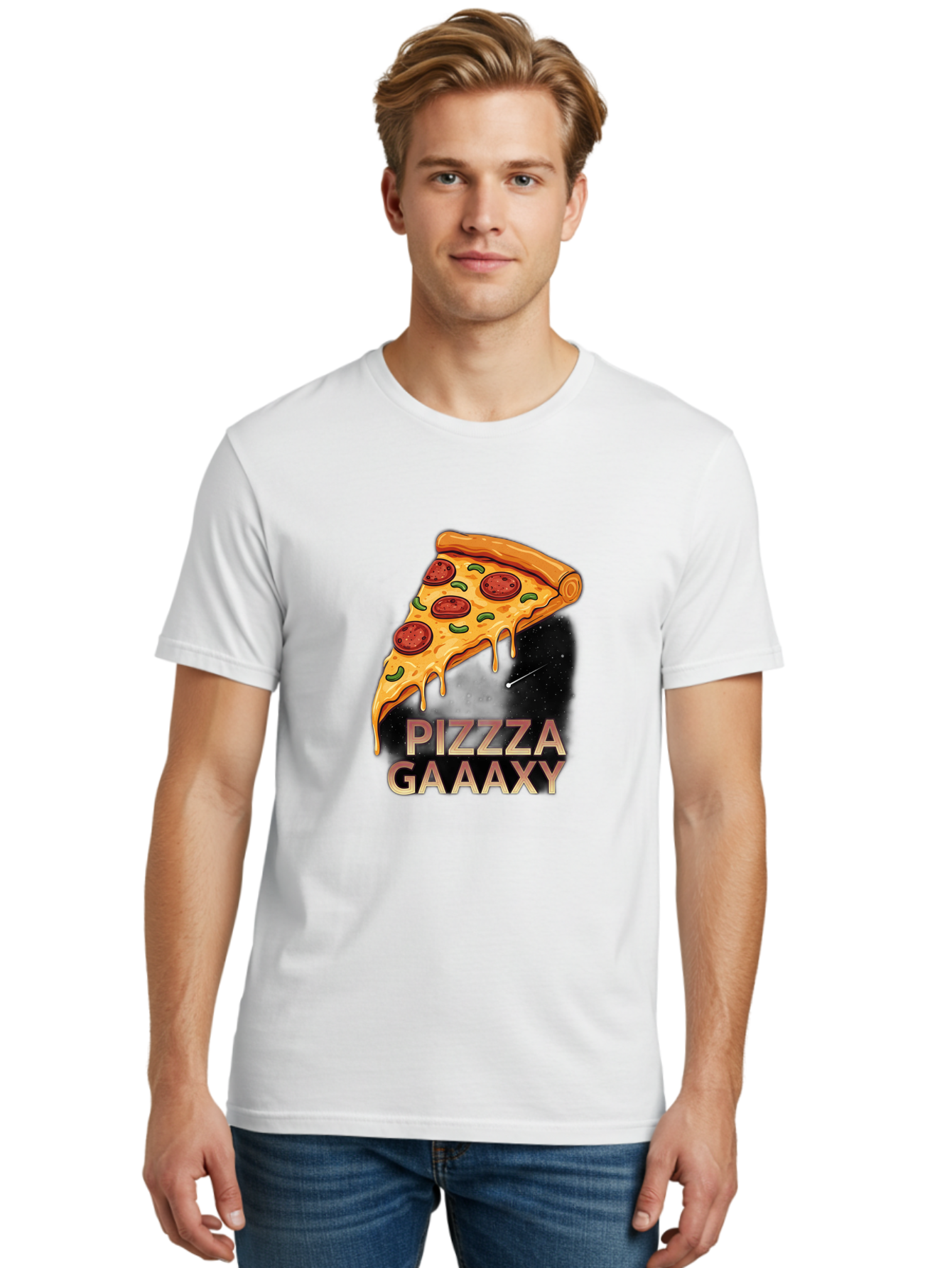 Pizzza-Gaaaxy Men'S Graphic Tee, 100% Cotton, Comfortable Casual Summer Wear, Machine Washable, Pizza Slice In Space, Melted Cheese, Pepperoni Toppings, Green Olives, Outer Space, Galaxy Theme, Cartoon Illustration, Cheese Dripping, Food Art, Bac321