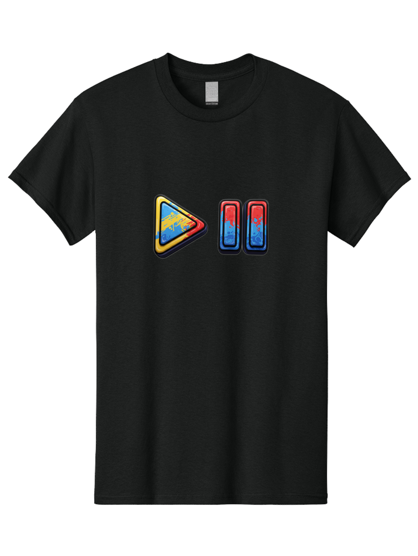 Play-Button-And-Skip-Buttons Men'S Graphic Tee, 100% Cotton, Comfortable Casual Summer Wear, Machine Washable, Play Button, Media Controls, Video Player, Glitch Art, Distorted Graphics, Abstract Shapes, Vibrant Colors, Button Icons, Bac324