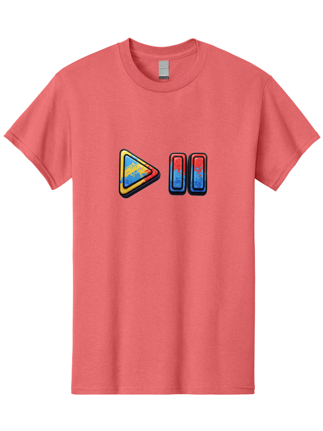 Play-Button-And-Skip-Buttons Men'S Graphic Tee, 100% Cotton, Comfortable Casual Summer Wear, Machine Washable, Play Button, Media Controls, Video Player, Glitch Art, Distorted Graphics, Abstract Shapes, Vibrant Colors, Button Icons, Bac324