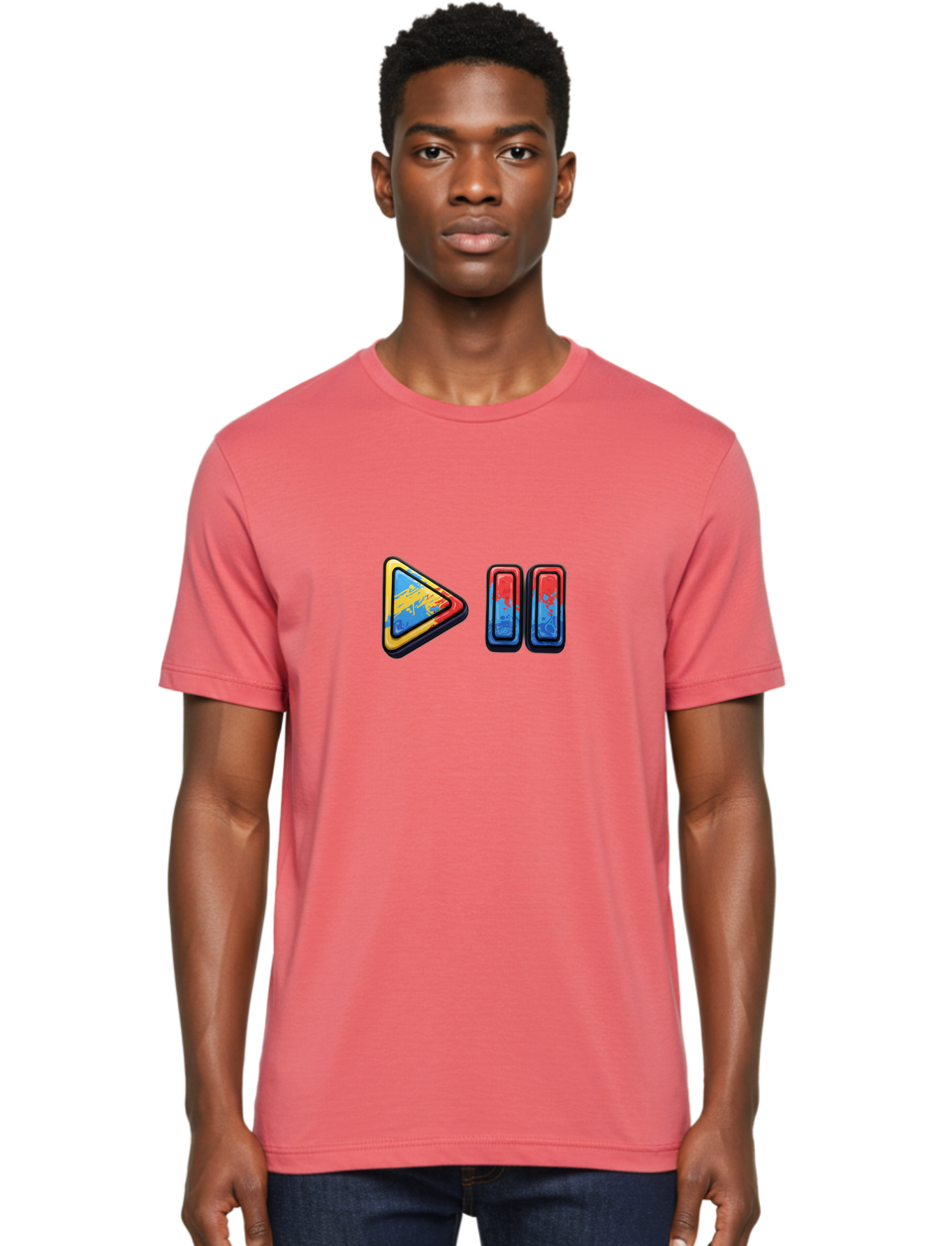 Play-Button-And-Skip-Buttons Men'S Graphic Tee, 100% Cotton, Comfortable Casual Summer Wear, Machine Washable, Play Button, Media Controls, Video Player, Glitch Art, Distorted Graphics, Abstract Shapes, Vibrant Colors, Button Icons, Bac324