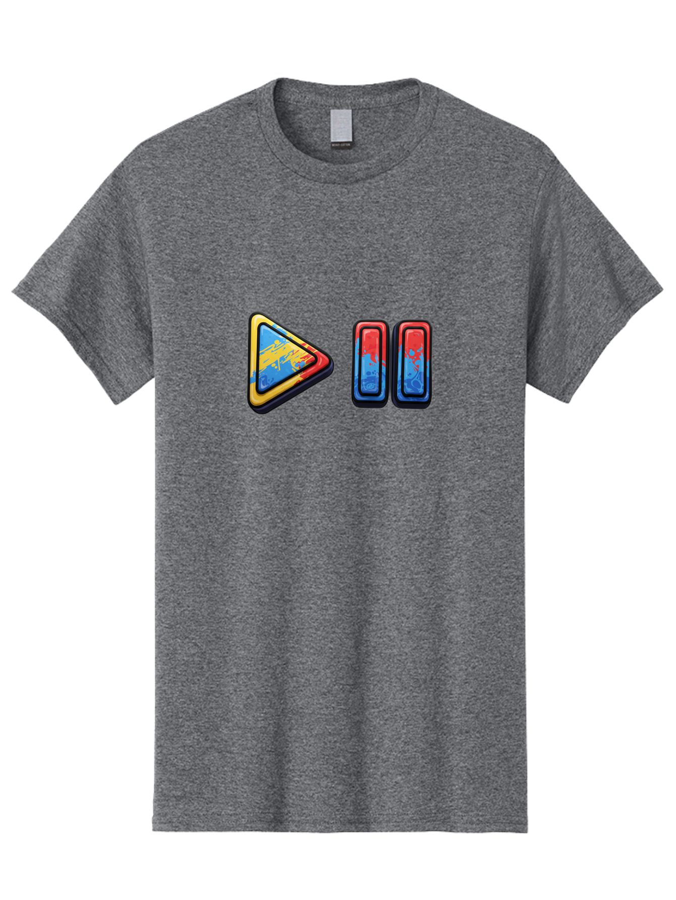 Play-Button-And-Skip-Buttons Men'S Graphic Tee, 100% Cotton, Comfortable Casual Summer Wear, Machine Washable, Play Button, Media Controls, Video Player, Glitch Art, Distorted Graphics, Abstract Shapes, Vibrant Colors, Button Icons, Bac324