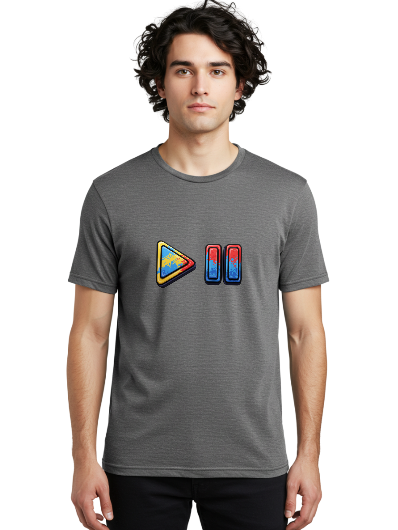 Play-Button-And-Skip-Buttons Men'S Graphic Tee, 100% Cotton, Comfortable Casual Summer Wear, Machine Washable, Play Button, Media Controls, Video Player, Glitch Art, Distorted Graphics, Abstract Shapes, Vibrant Colors, Button Icons, Bac324
