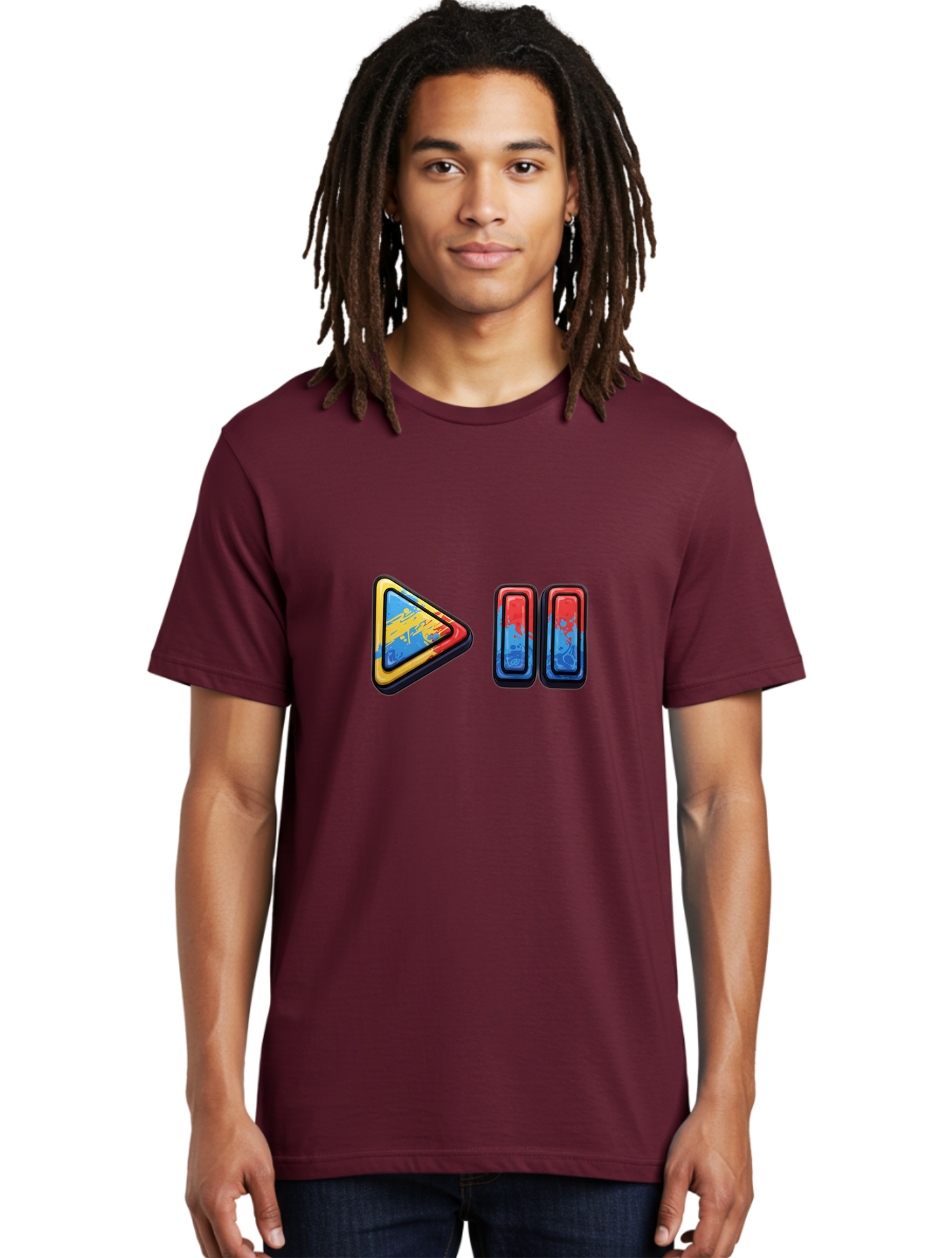 Play-Button-And-Skip-Buttons Men'S Graphic Tee, 100% Cotton, Comfortable Casual Summer Wear, Machine Washable, Play Button, Media Controls, Video Player, Glitch Art, Distorted Graphics, Abstract Shapes, Vibrant Colors, Button Icons, Bac324