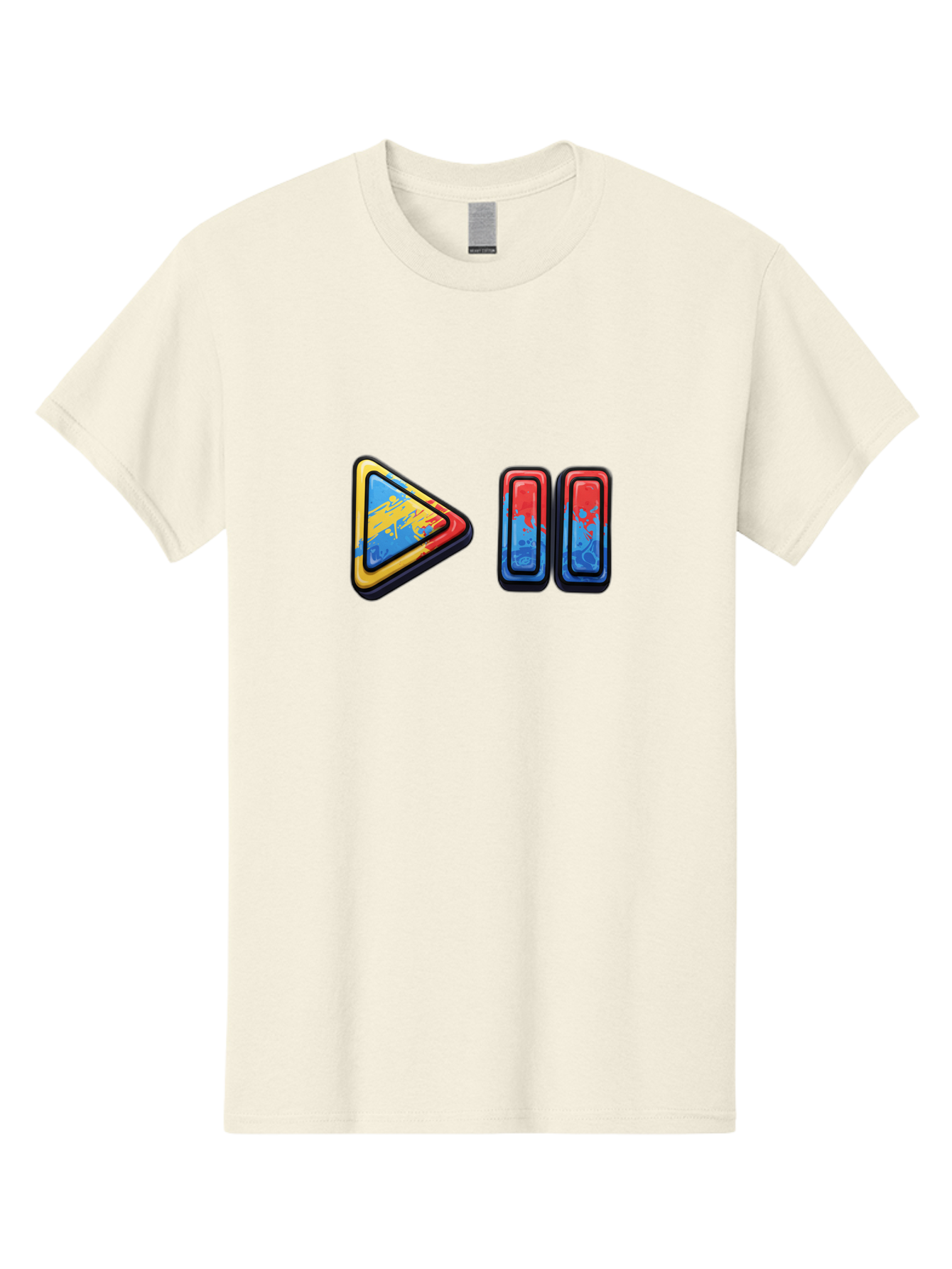 Play-Button-And-Skip-Buttons Men'S Graphic Tee, 100% Cotton, Comfortable Casual Summer Wear, Machine Washable, Play Button, Media Controls, Video Player, Glitch Art, Distorted Graphics, Abstract Shapes, Vibrant Colors, Button Icons, Bac324