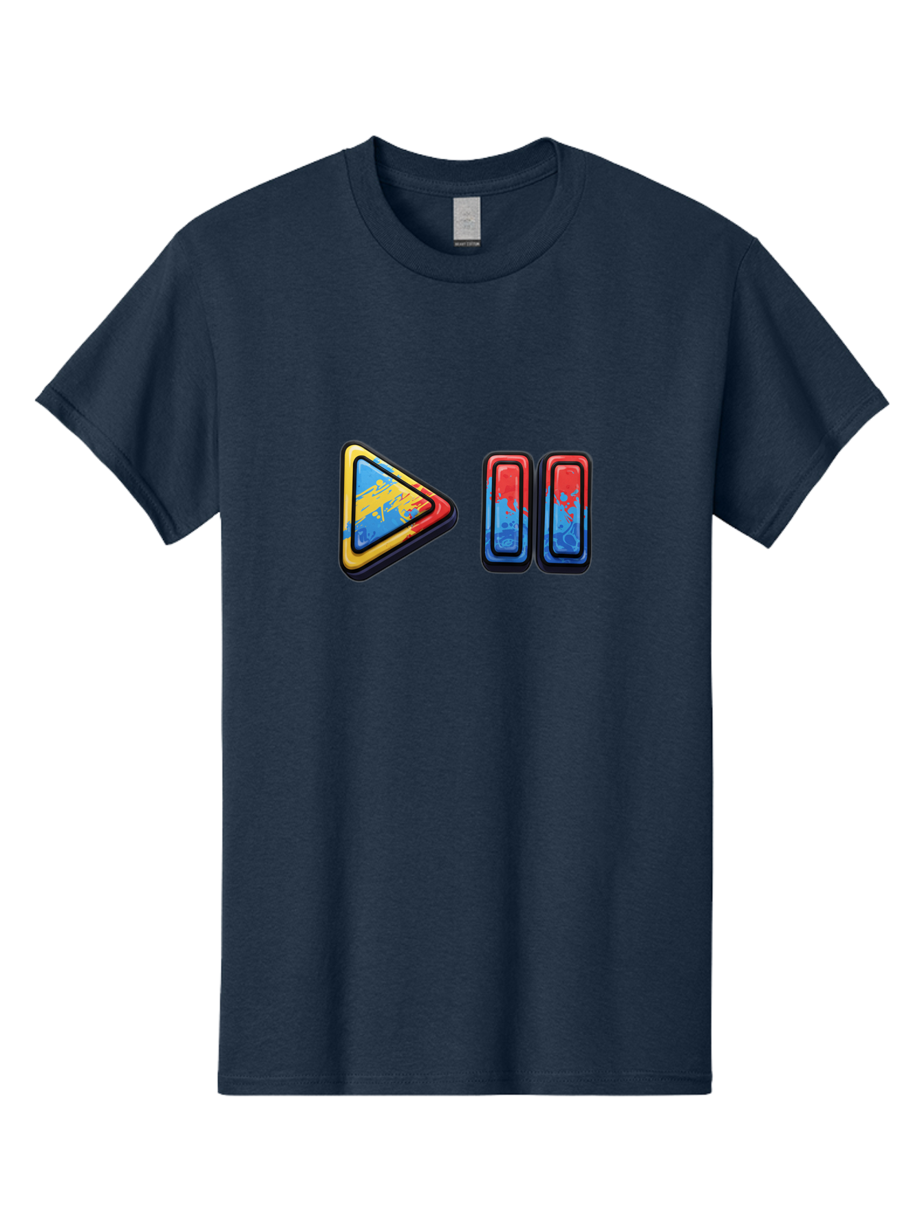 Play-Button-And-Skip-Buttons Men'S Graphic Tee, 100% Cotton, Comfortable Casual Summer Wear, Machine Washable, Play Button, Media Controls, Video Player, Glitch Art, Distorted Graphics, Abstract Shapes, Vibrant Colors, Button Icons, Bac324